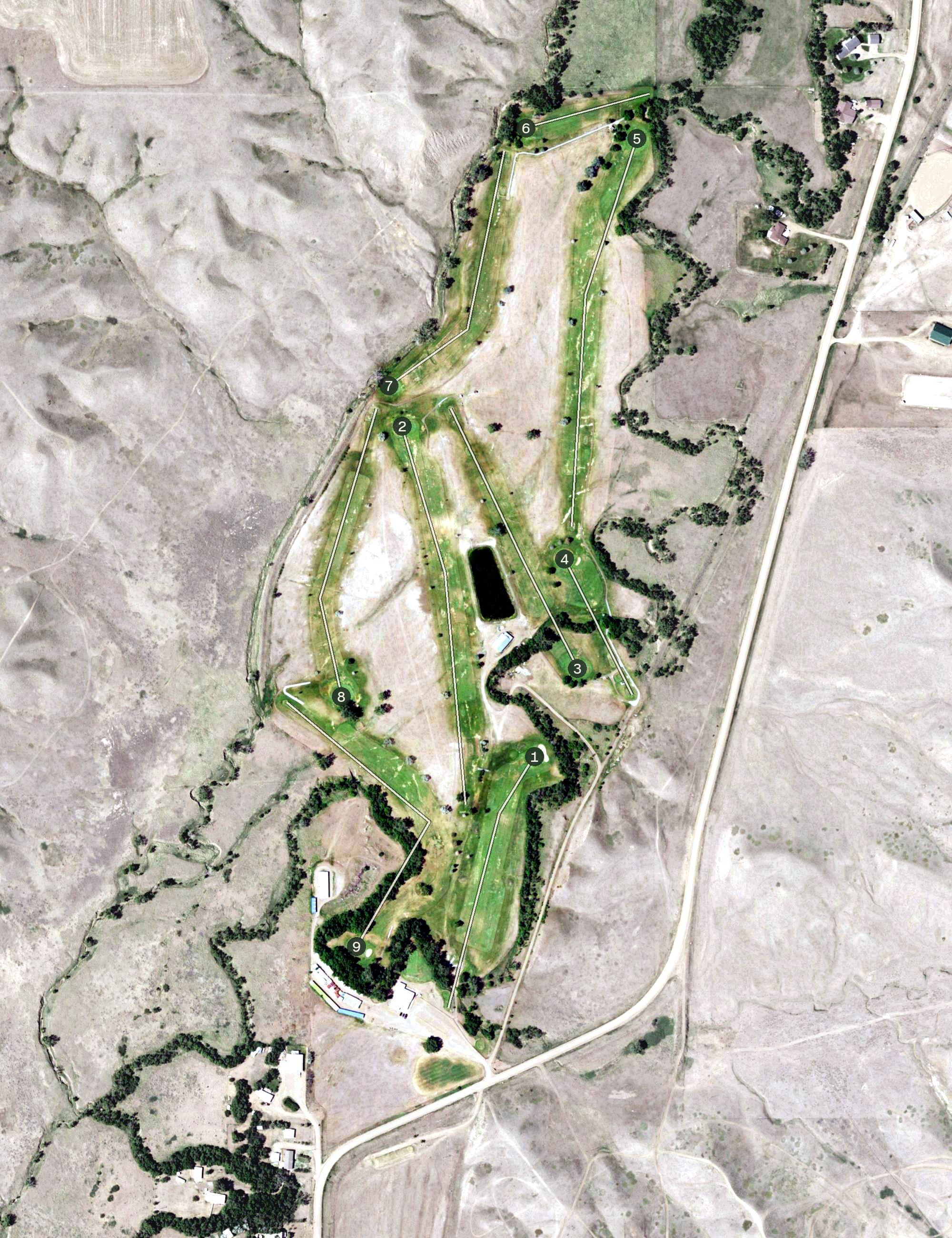 Aerial view of Sunnyside Country Club, MT, with its hole routing marked