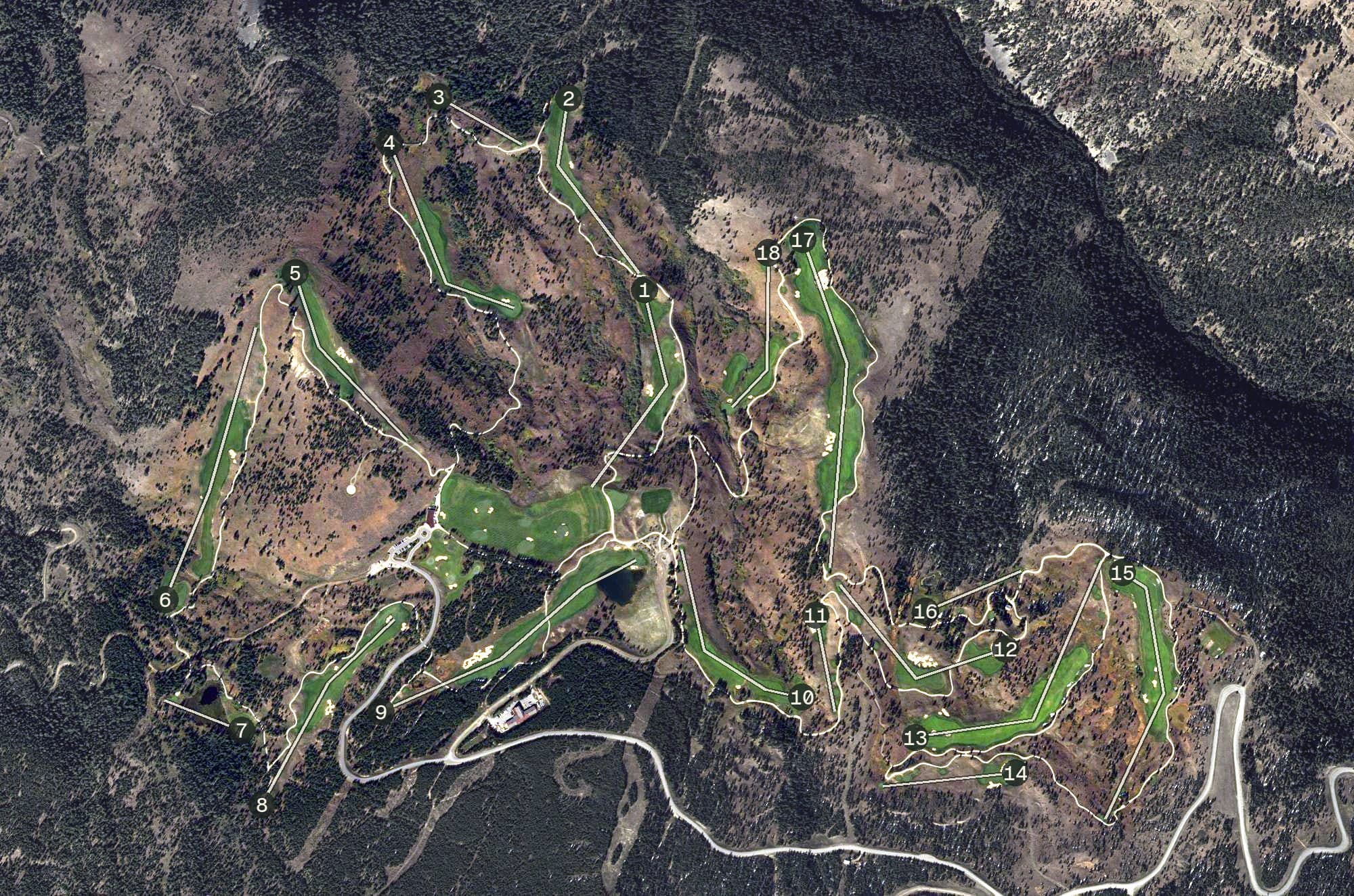 Aerial view of The Reserve at Moonlight Basin, MT, with its hole routing marked