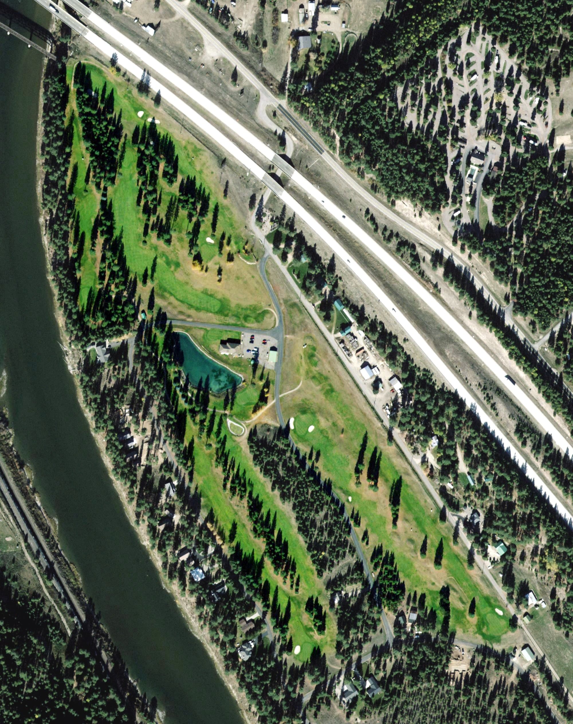 Aerial view of Trestle Creek Golf Course, MT, with its hole routing marked