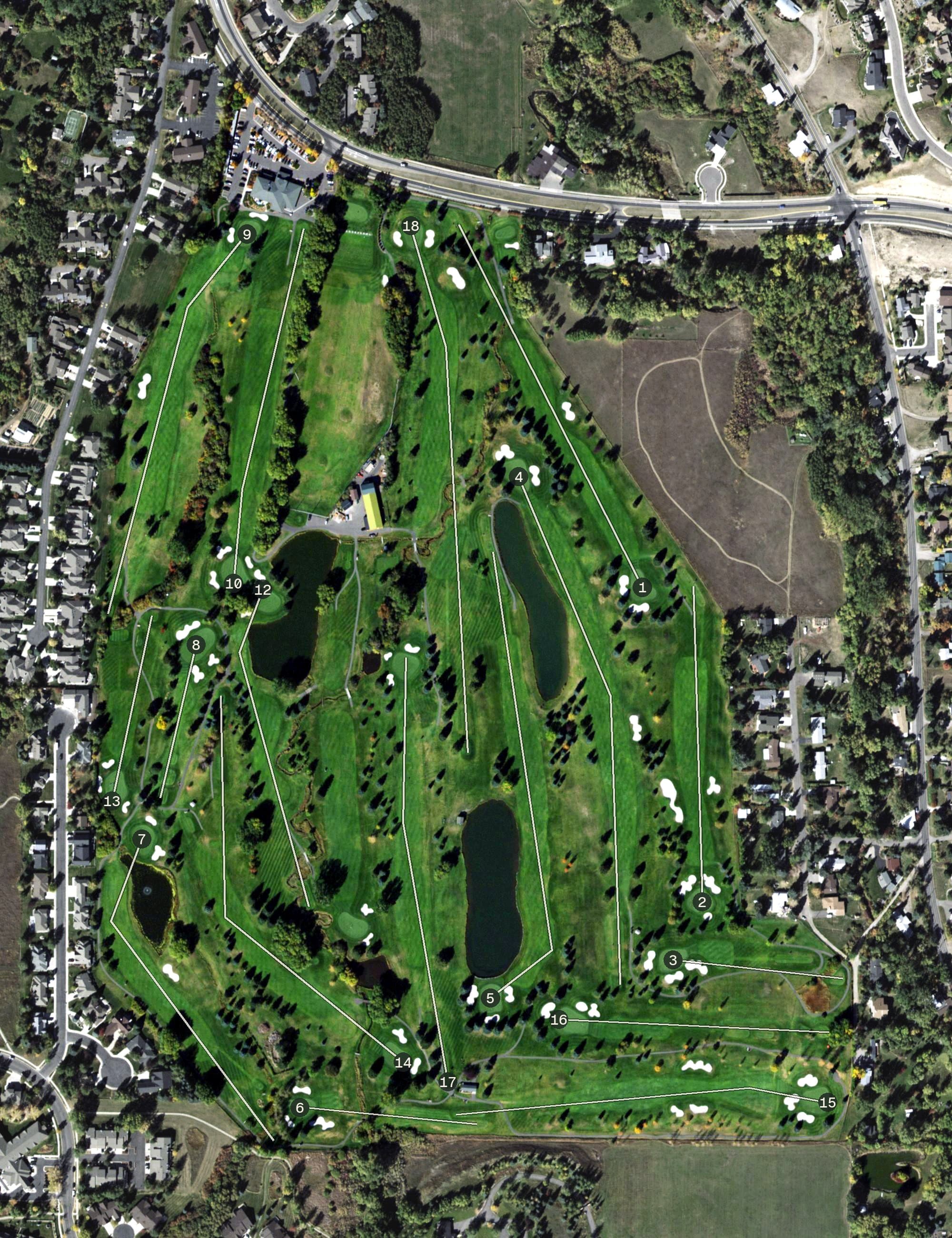 Aerial view of Valley View Golf Club, MT, with its hole routing marked