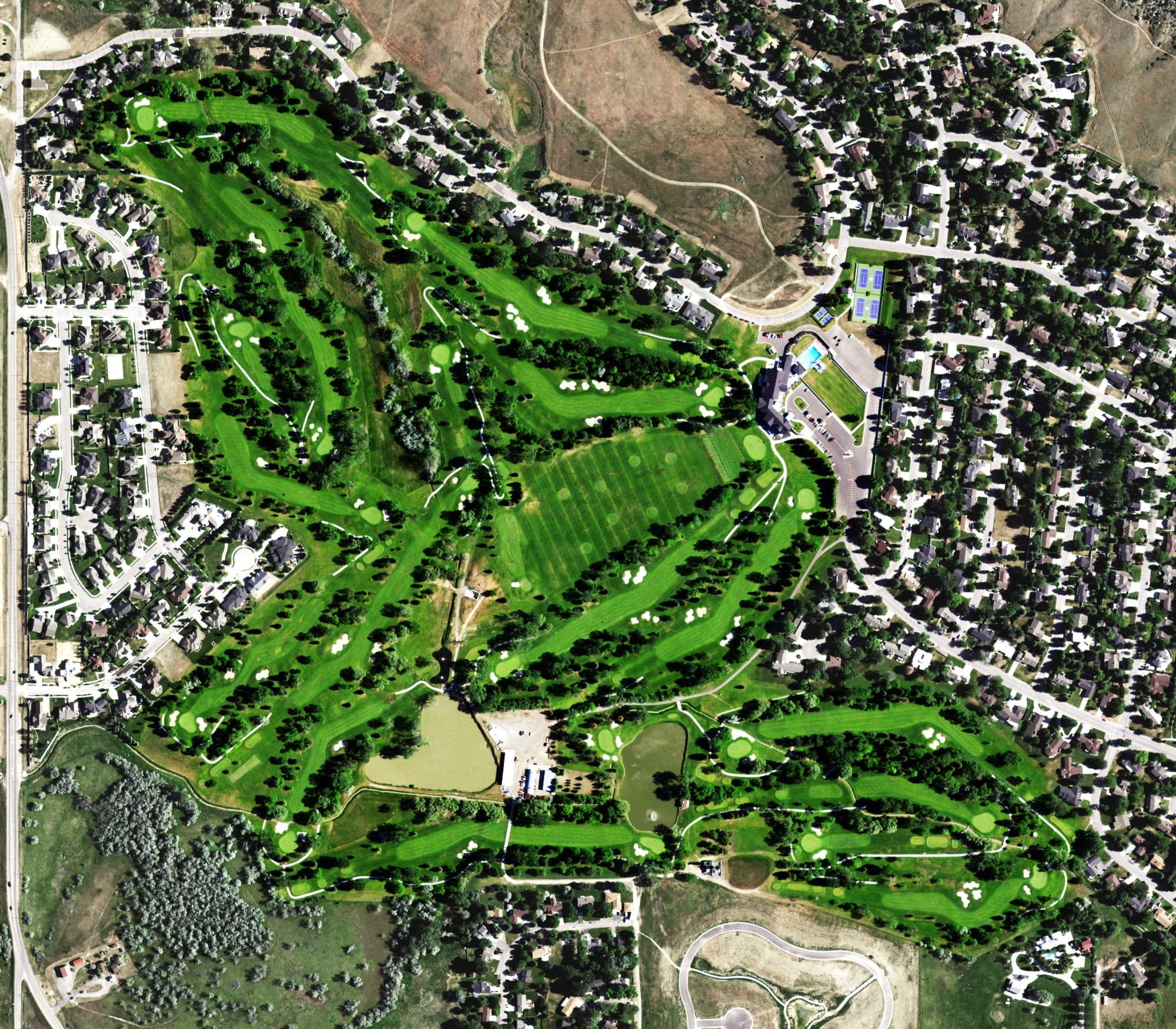Aerial view of Yellowstone Country Club, MT, with its hole routing marked