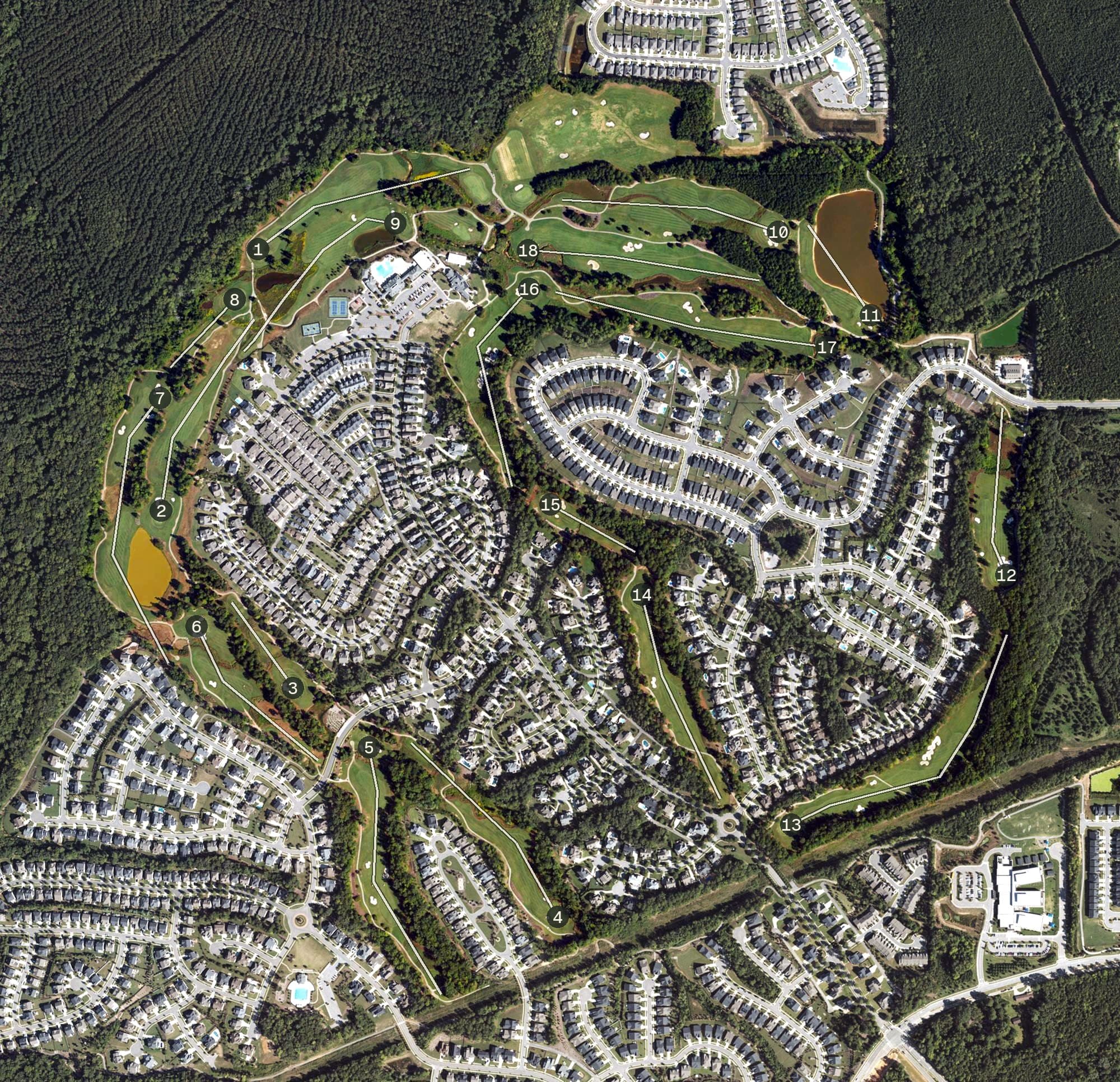 Aerial view of 12 Oaks, NC, with its hole routing marked