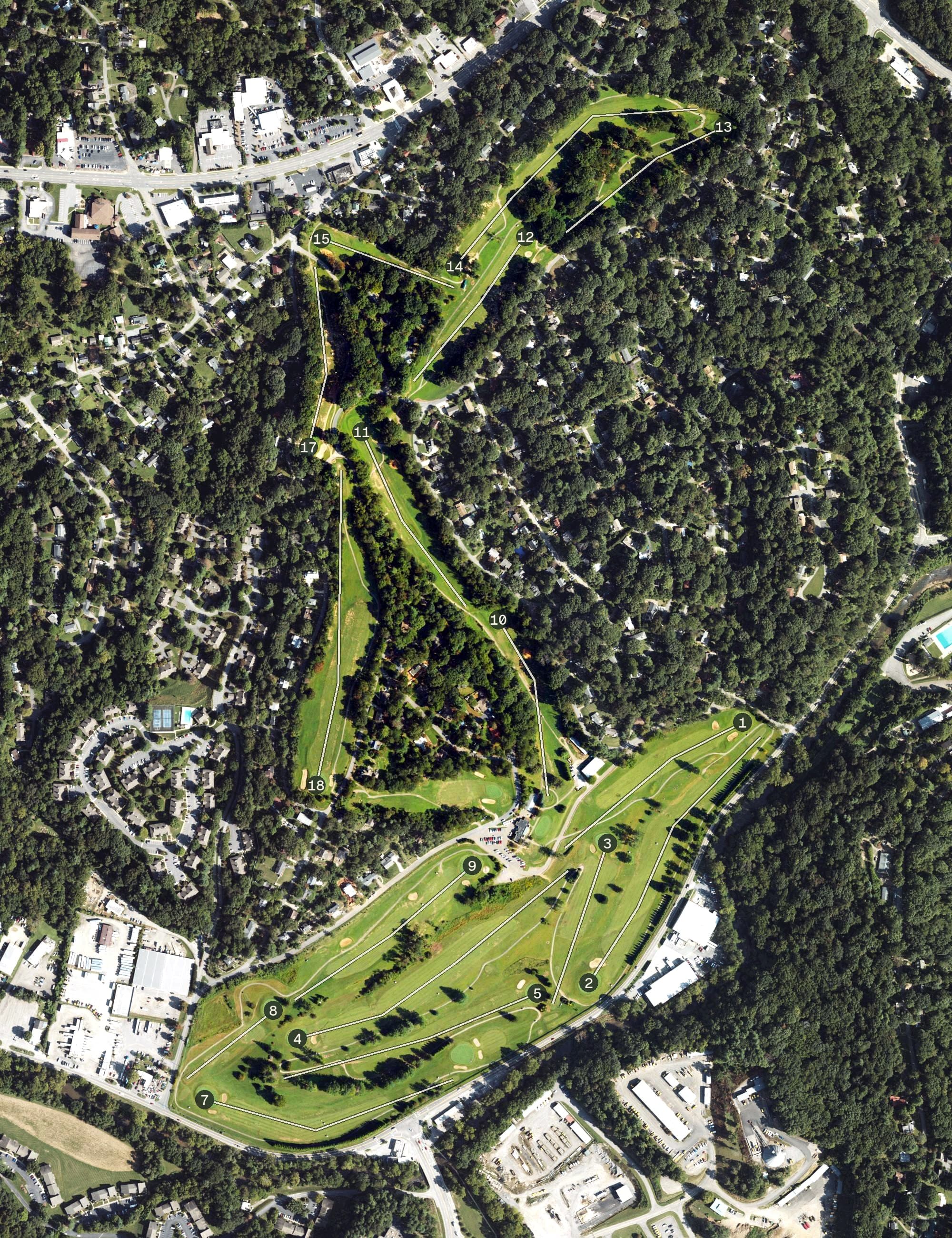 Aerial view of Asheville Municipal Golf Course, NC, with its hole routing marked