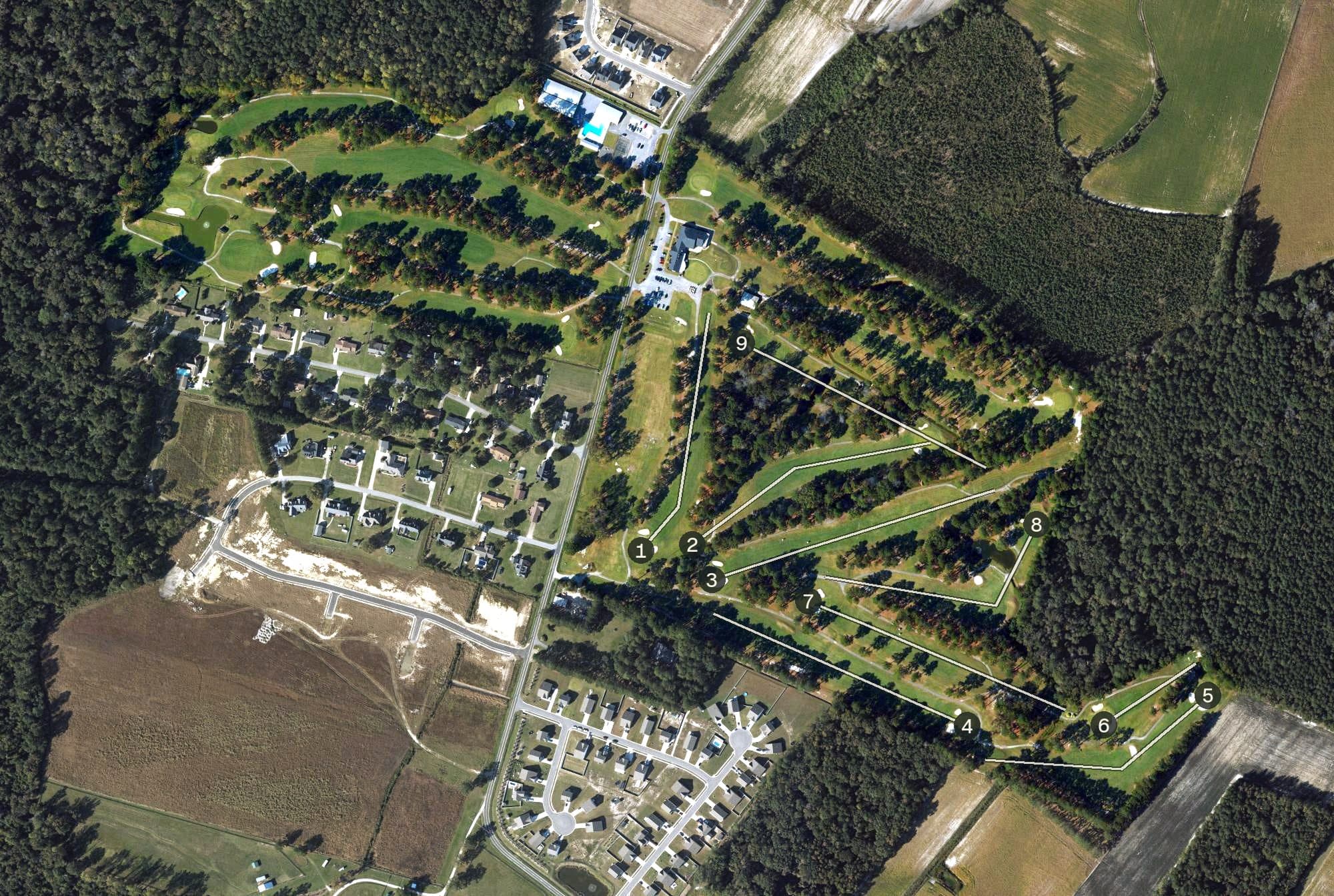 Aerial view of Ayden Golf & Country Club, NC, with its hole routing marked