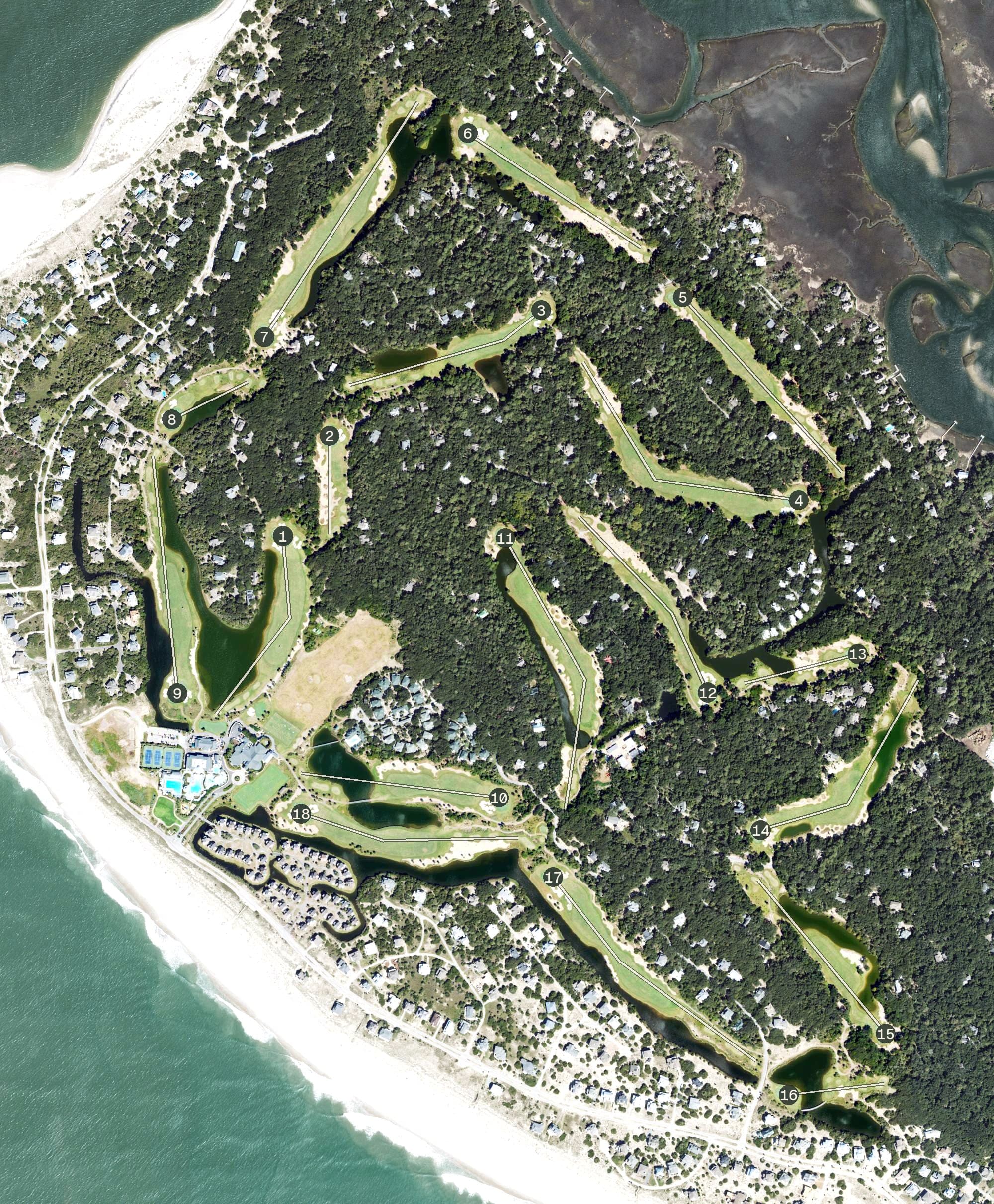 Aerial view of Bald Head Island Country Club, NC, with its hole routing marked