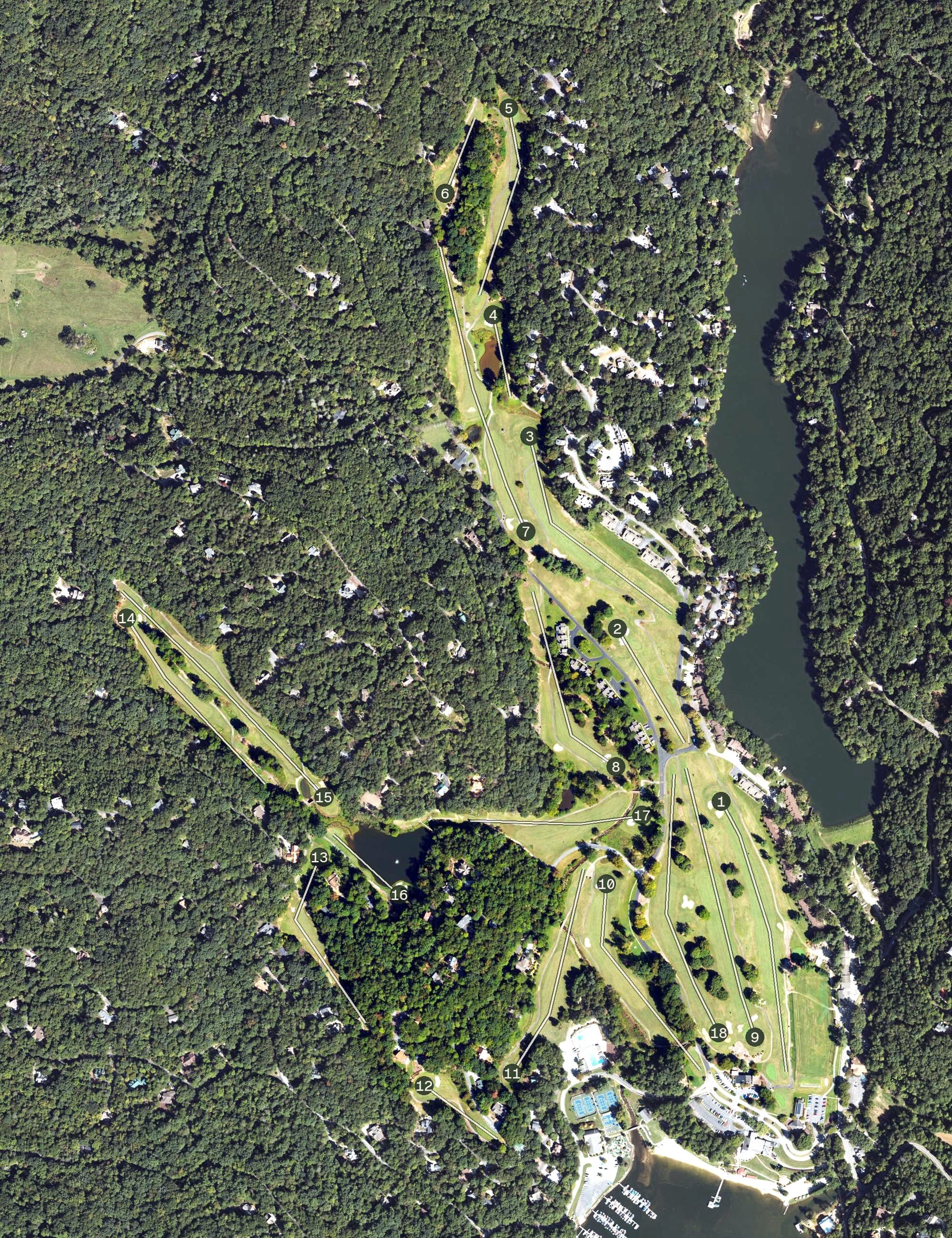 Aerial view of Bald Mountain Golf Course, NC, with its hole routing marked