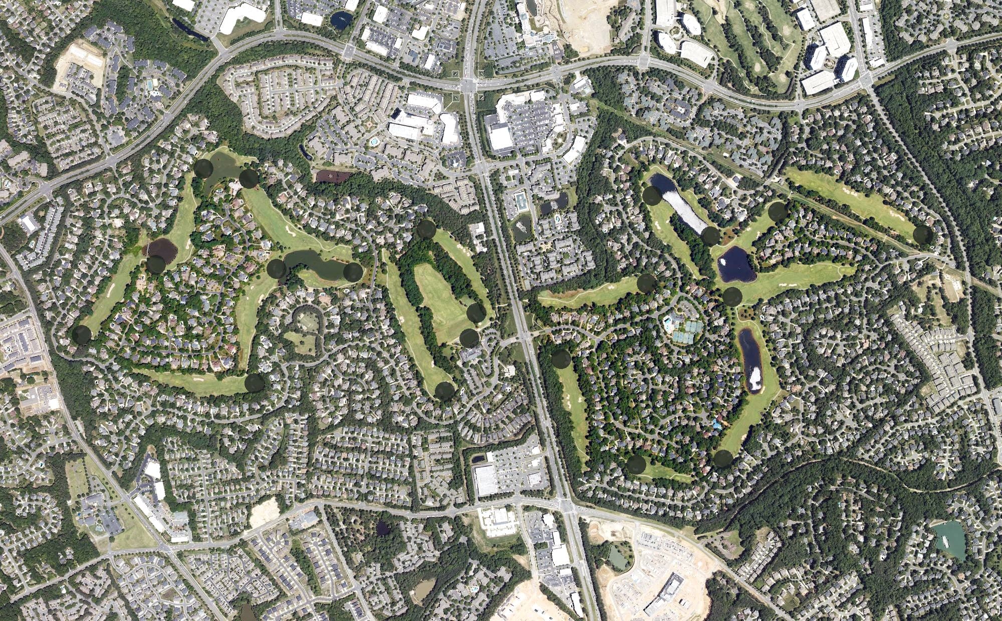 Aerial view of Ballantyne Country Club, NC, with its hole routing marked