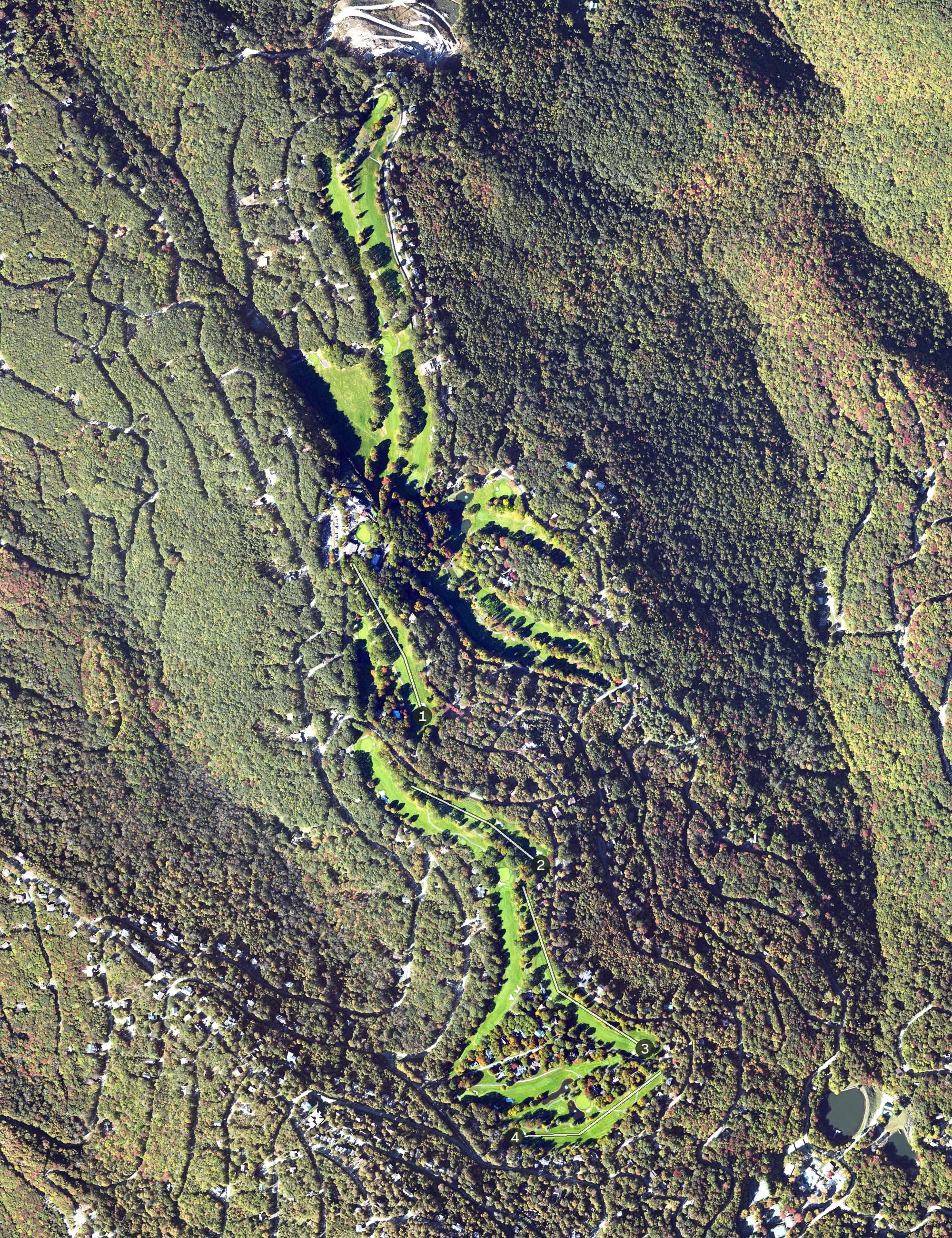 Aerial view of Beech Mountain Club, NC, with its hole routing marked