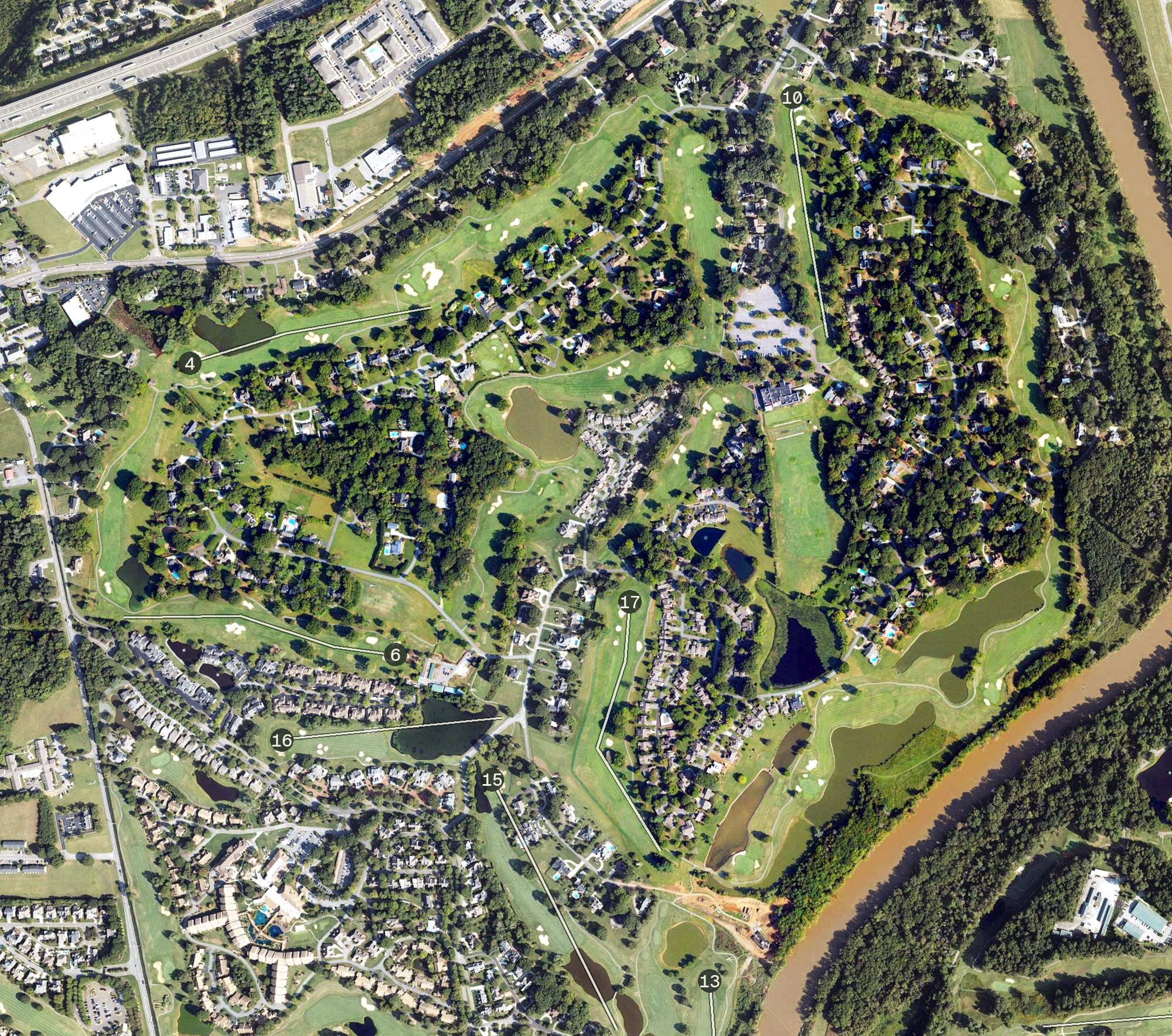 Aerial view of Bermuda Run Country Club, NC, with its hole routing marked