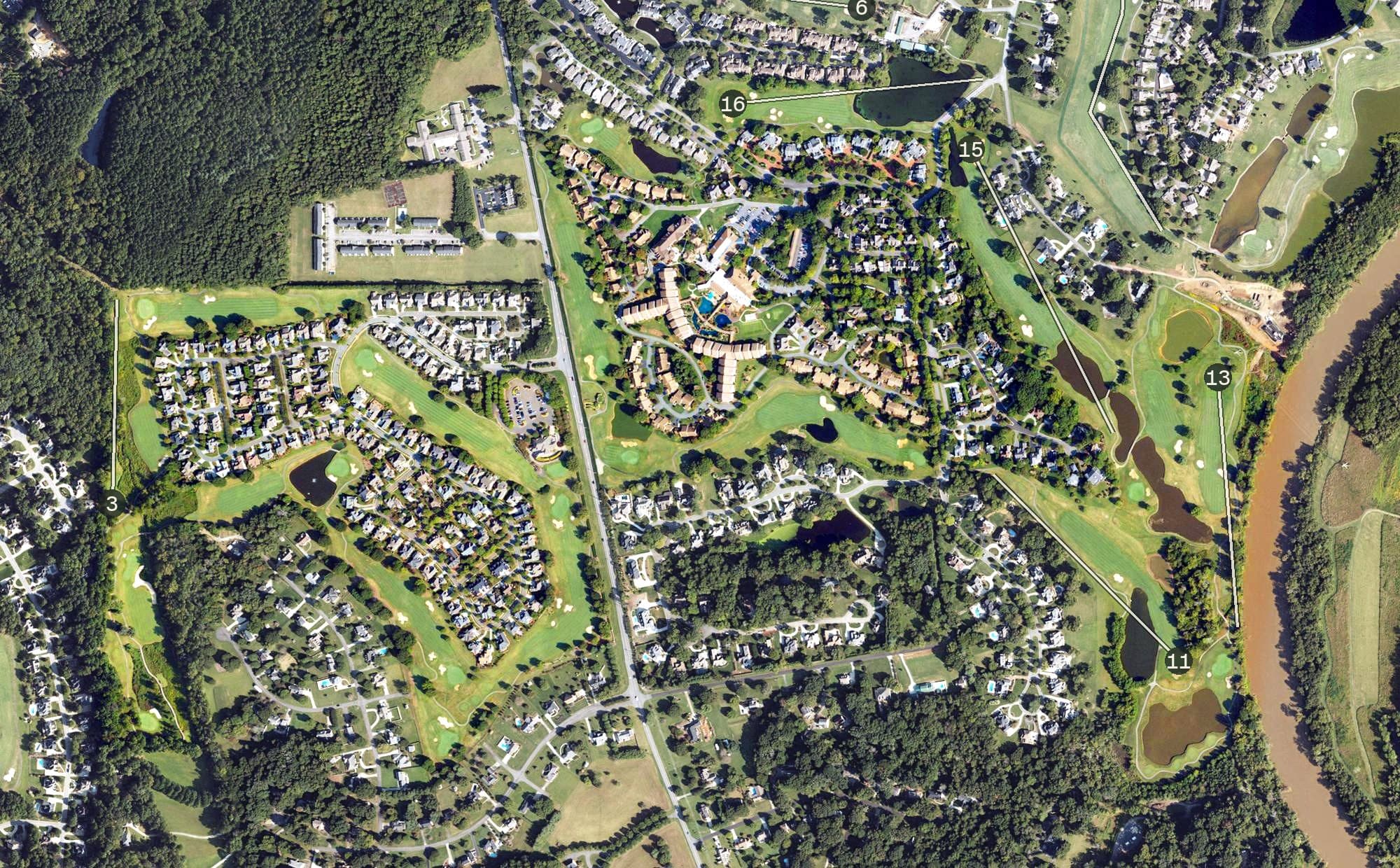 Aerial view of Bermuda Run West, NC, with its hole routing marked