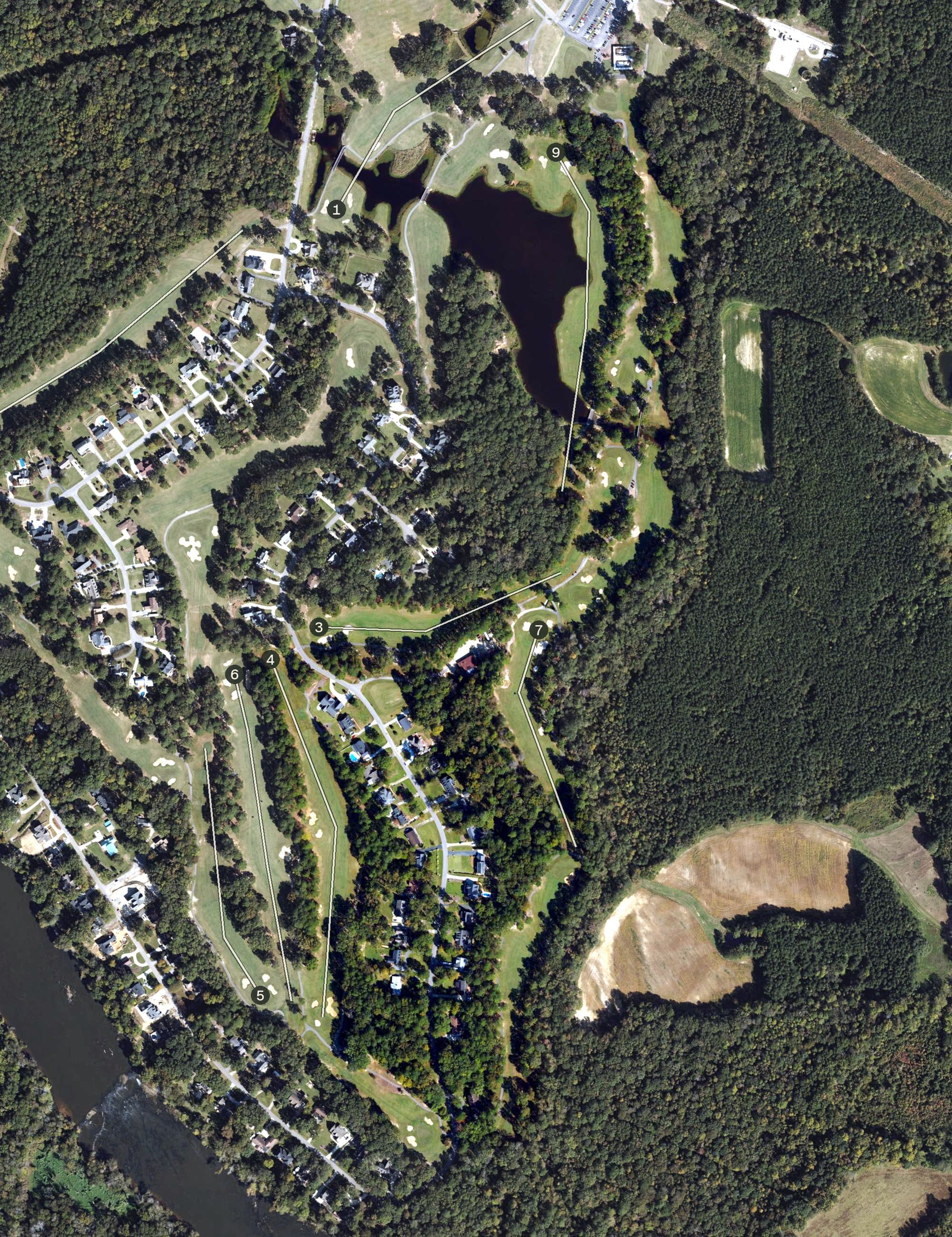 Aerial view of Black Course, NC, with its hole routing marked