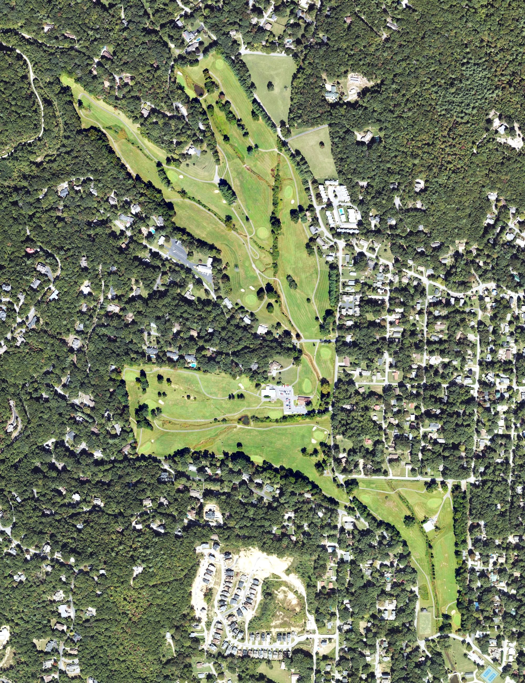 Aerial view of Black Mountain Golf Course, NC, with its hole routing marked
