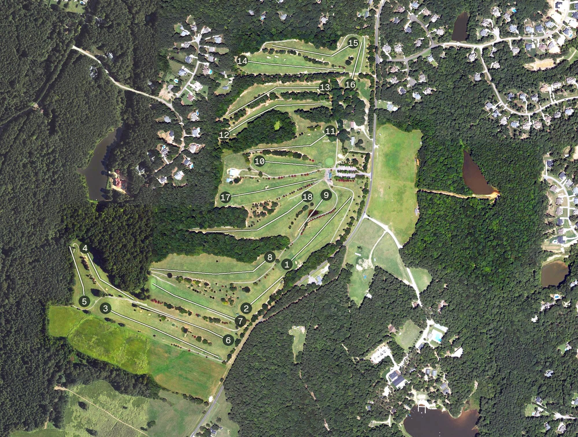 Aerial view of Brevofield Golf Links, NC, with its hole routing marked