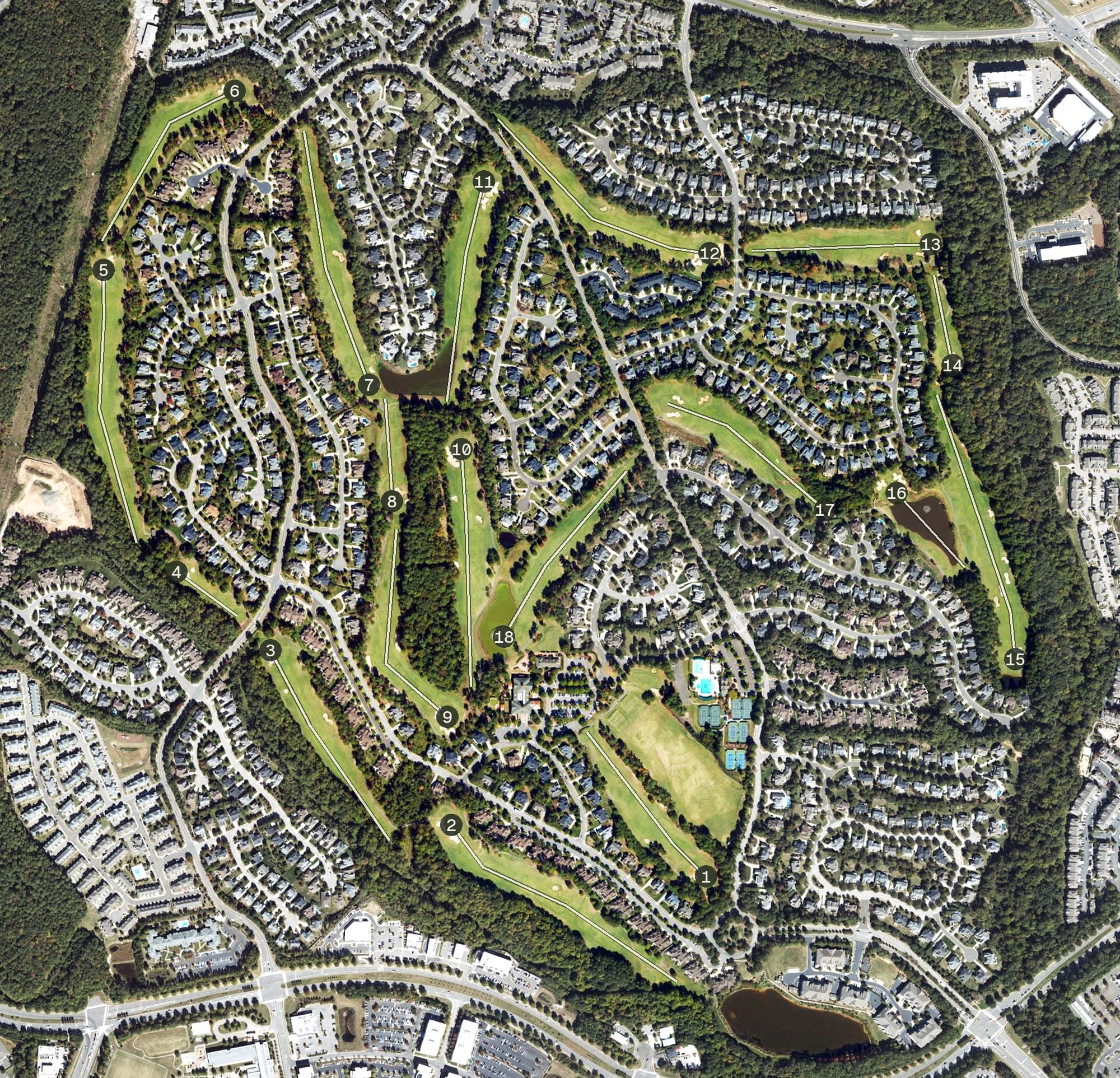 Aerial view of Brier Creek Country Club, NC, with its hole routing marked