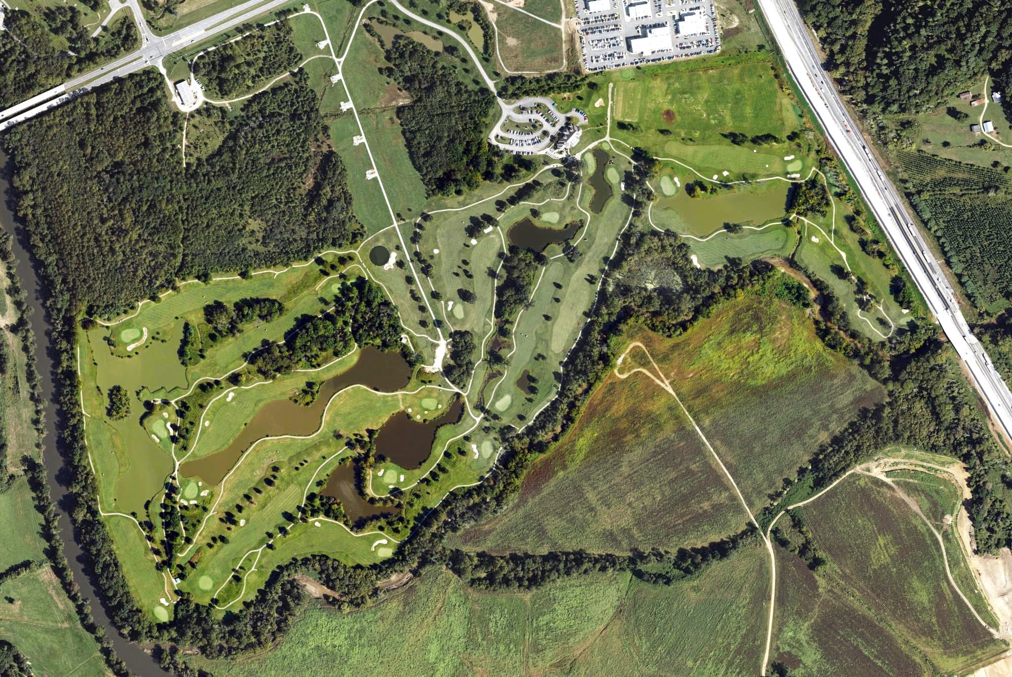 Aerial view of Broadmoor Golf Links, NC, with its hole routing marked