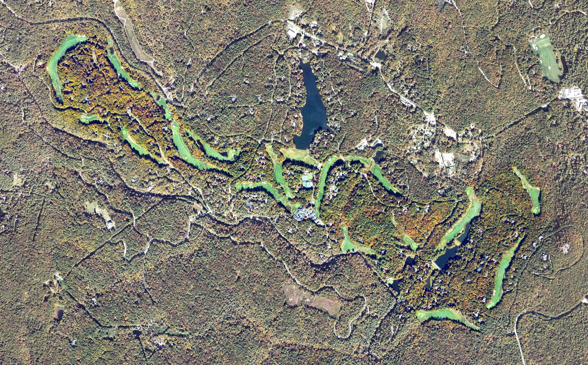 Aerial view of Burlingame Country Club, NC, with its hole routing marked