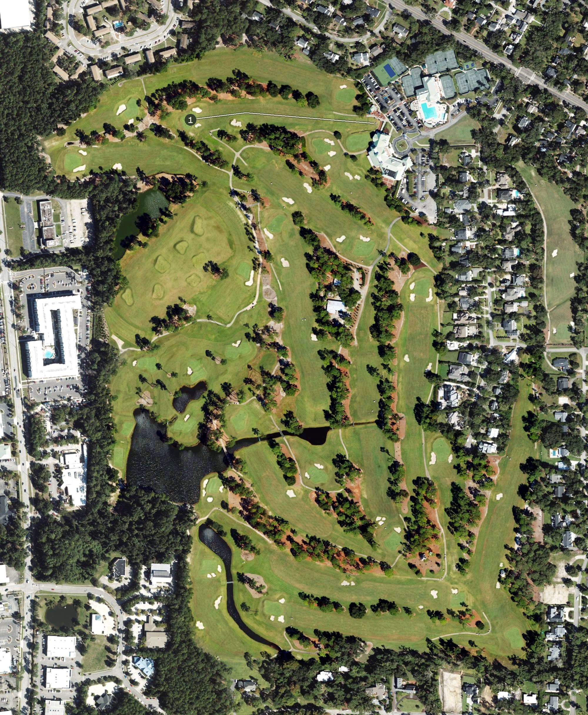 Aerial view of Cape Fear Country Club Golf Course, NC, with its hole routing marked