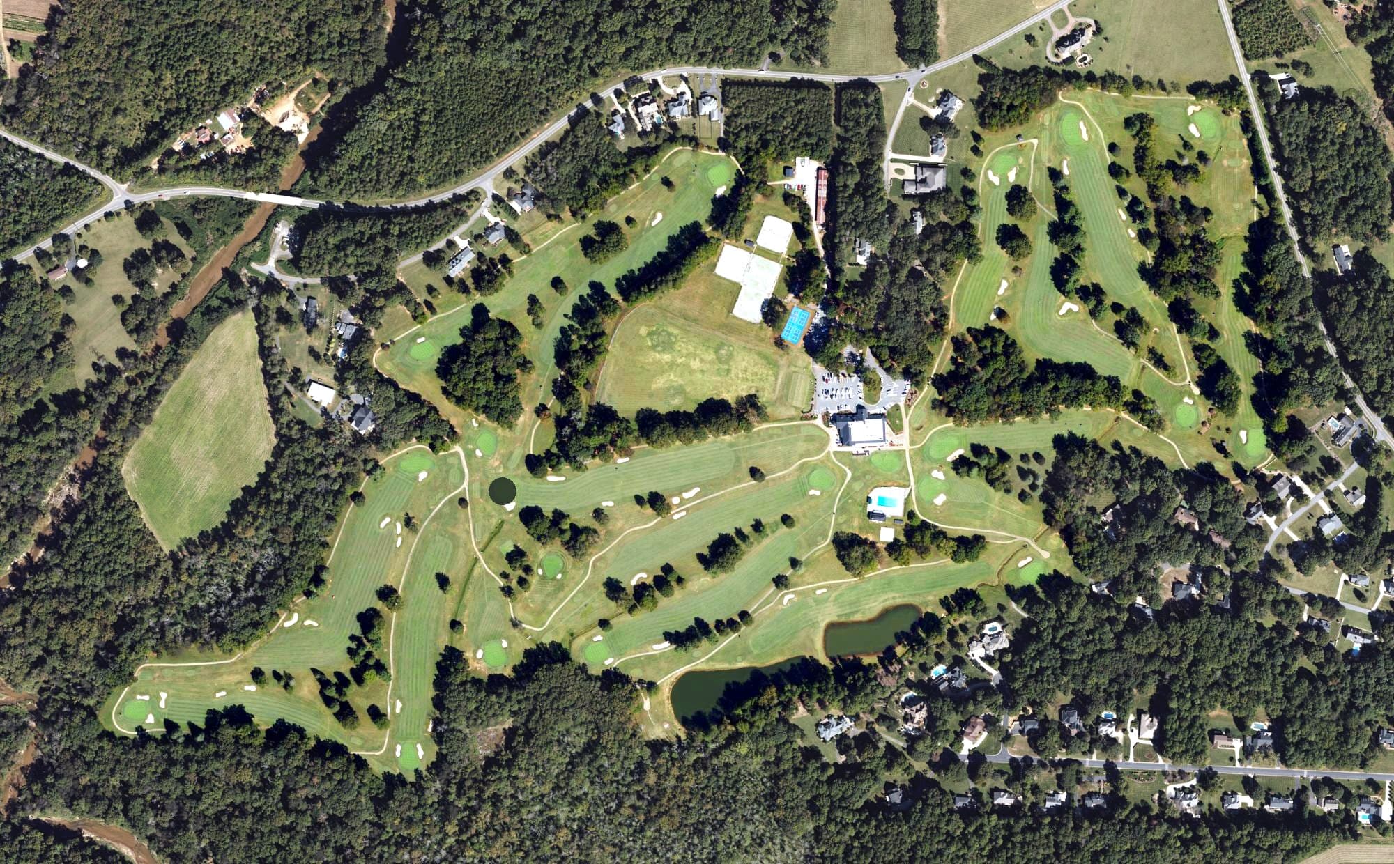 Aerial view of Catawba Country Club, NC, with its hole routing marked