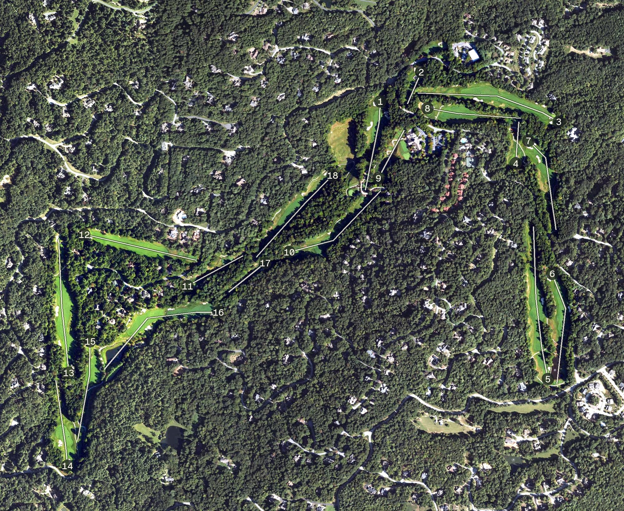 Aerial view of Champion Hills, NC, with its hole routing marked