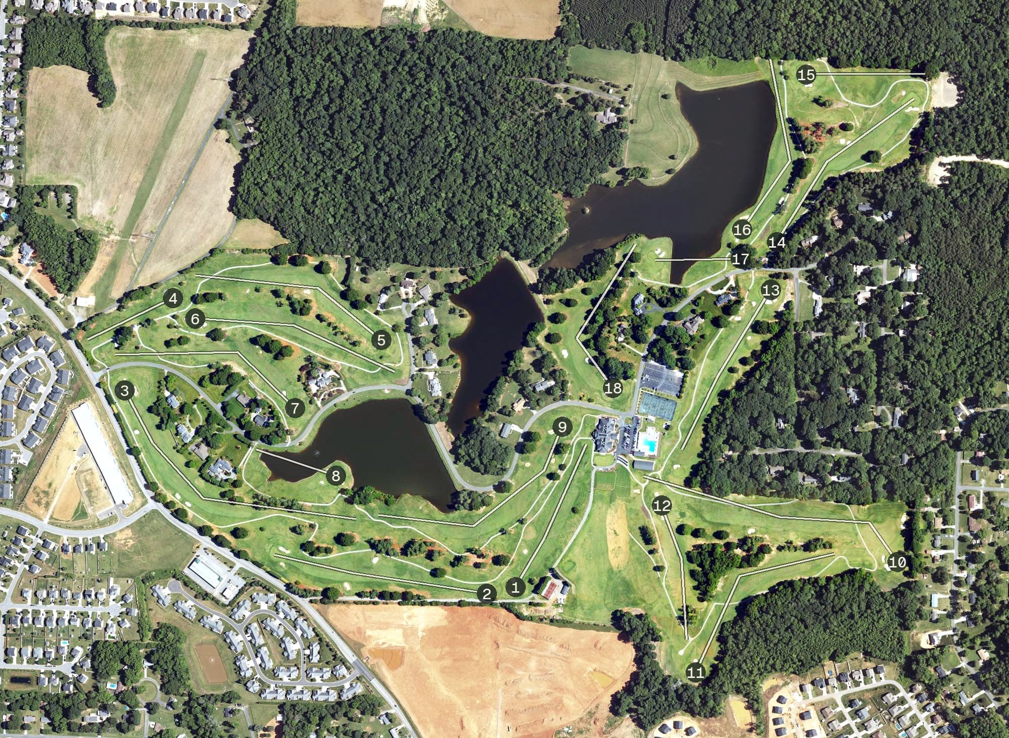 Aerial view of Colonial Country Club, NC, with its hole routing marked
