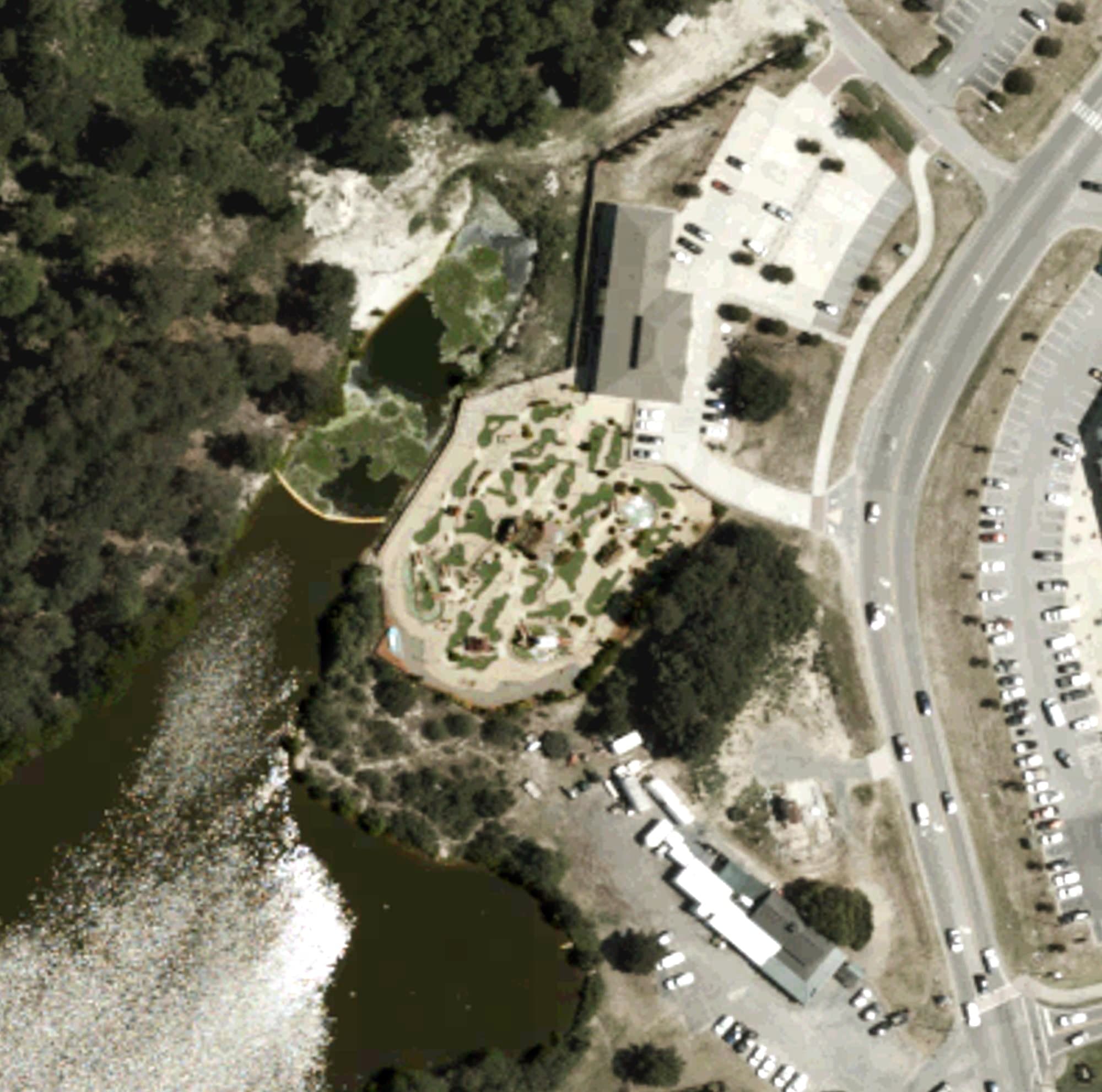 Aerial view of Corolla Adventure Part, NC, with its hole routing marked