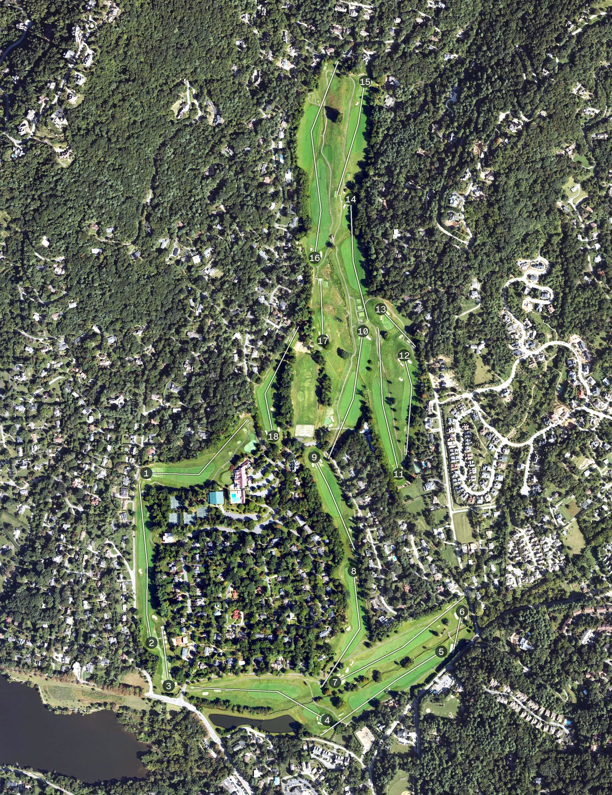 Aerial view of Country Club of Asheville, NC, with its hole routing marked