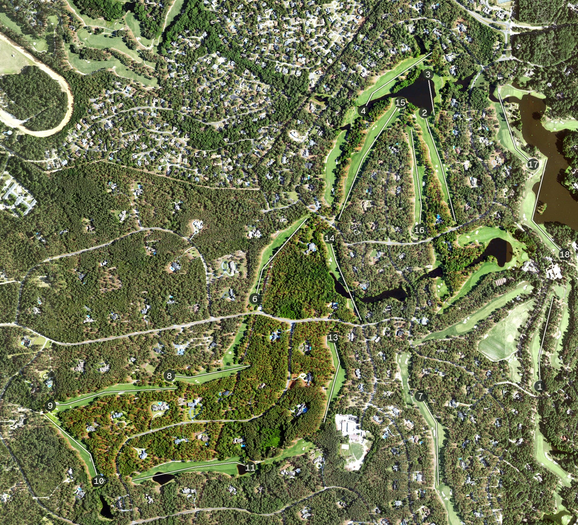 Aerial view of Country Club of North Carolina - Cardinal, NC, with its hole routing marked