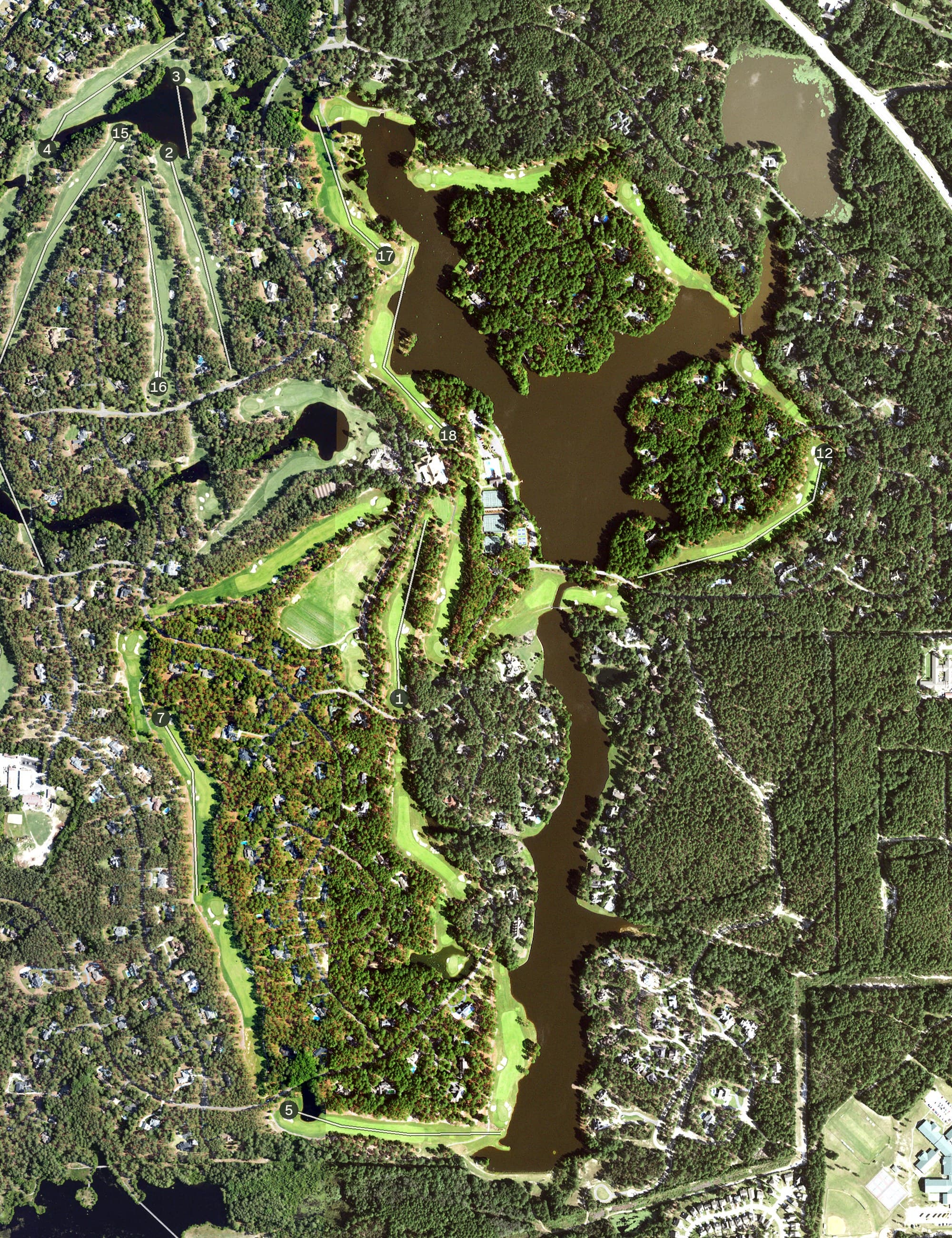 Aerial view of Country Club of North Carolina - Dogwood, NC, with its hole routing marked