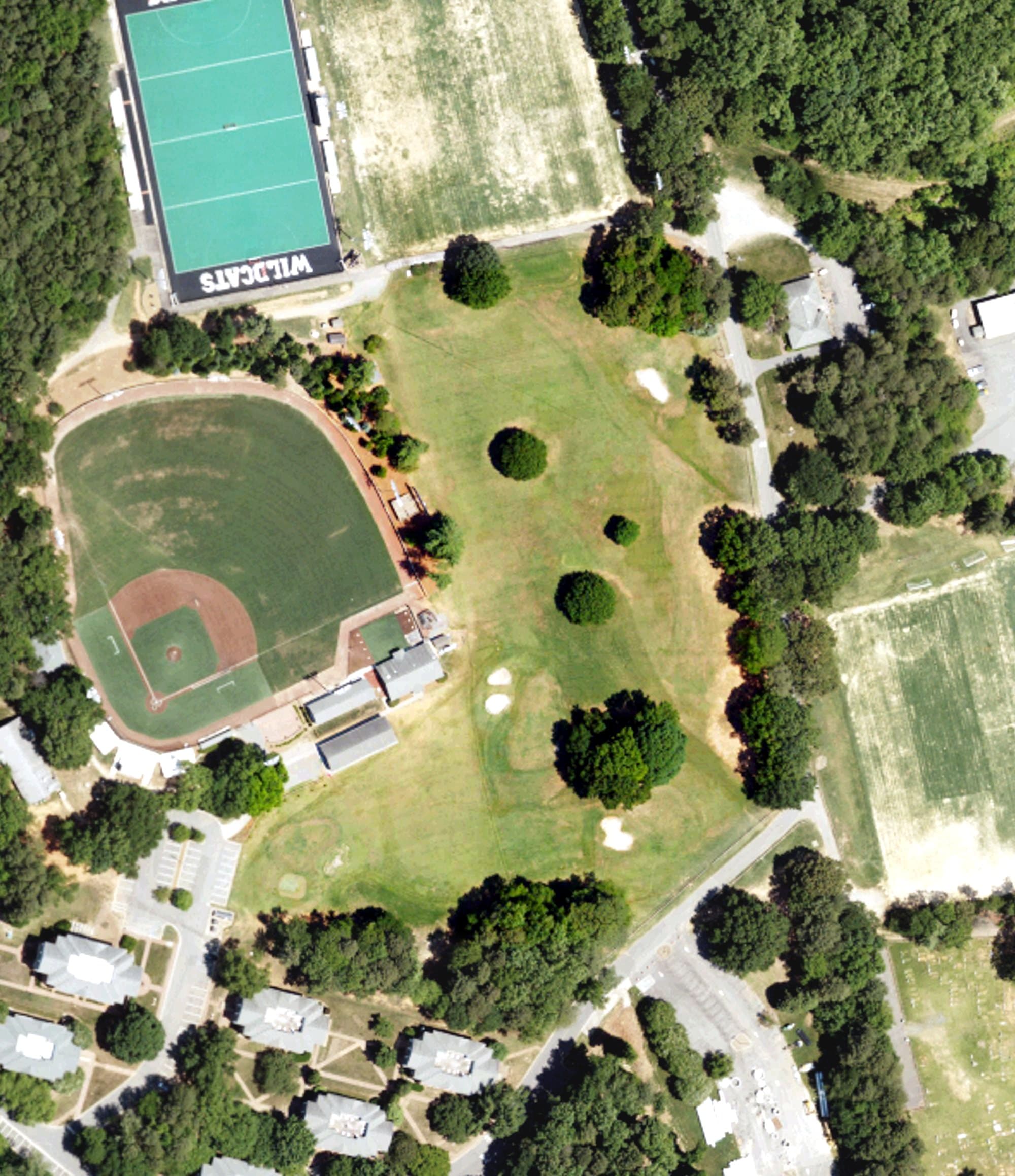 Aerial view of Covington Golf Course, NC, with its hole routing marked