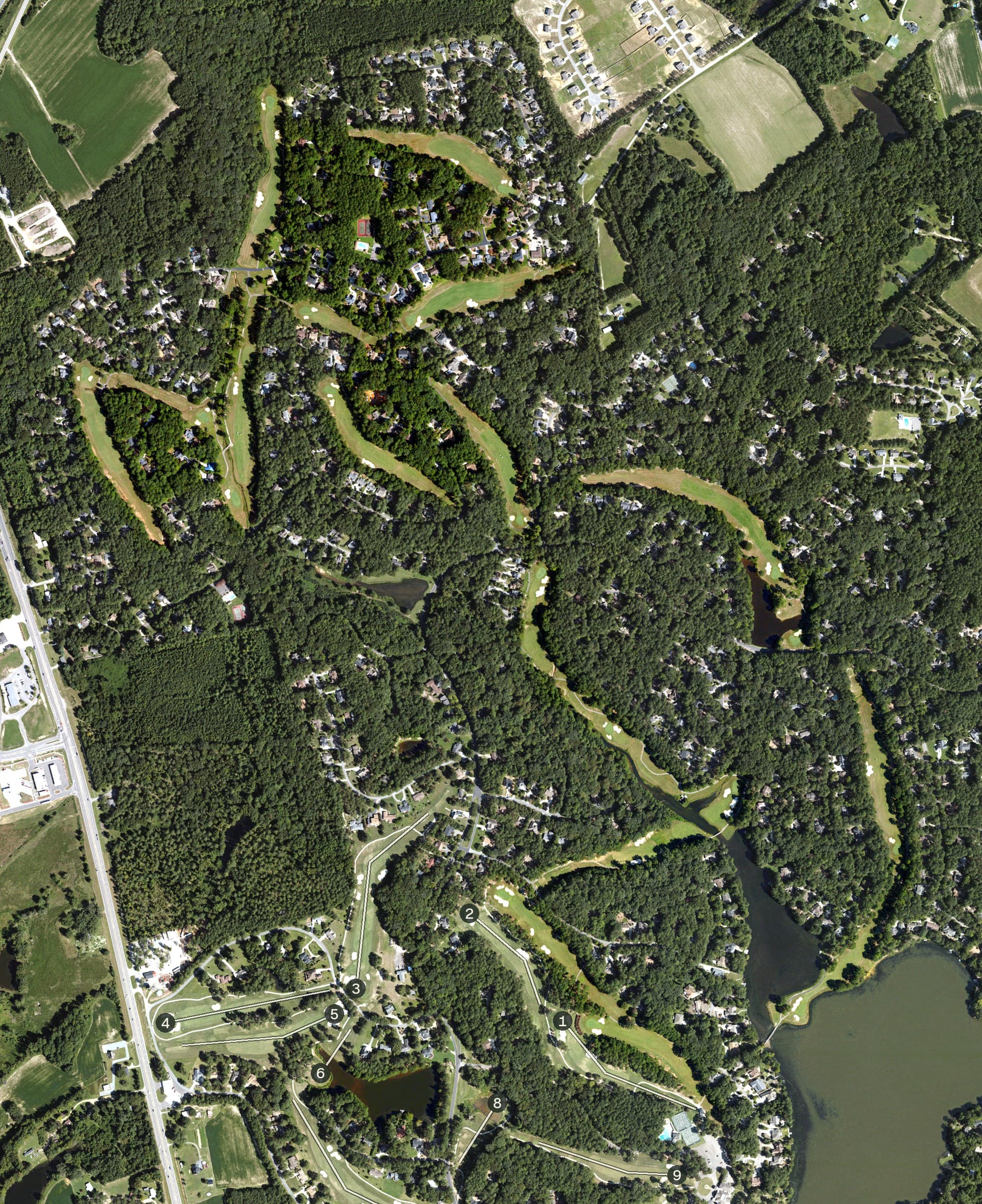 Aerial view of Creek Course, NC, with its hole routing marked