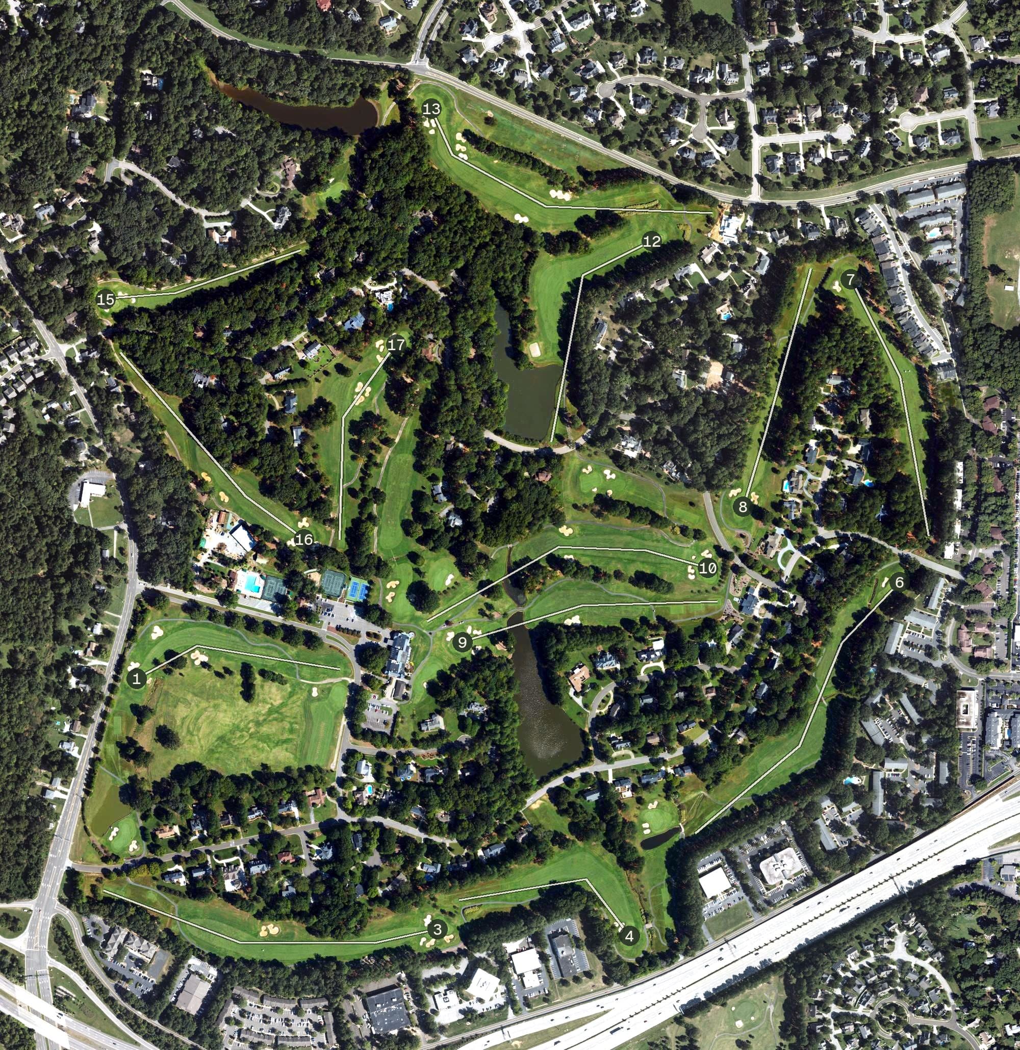 Aerial view of Croasdaile Country Club, NC, with its hole routing marked