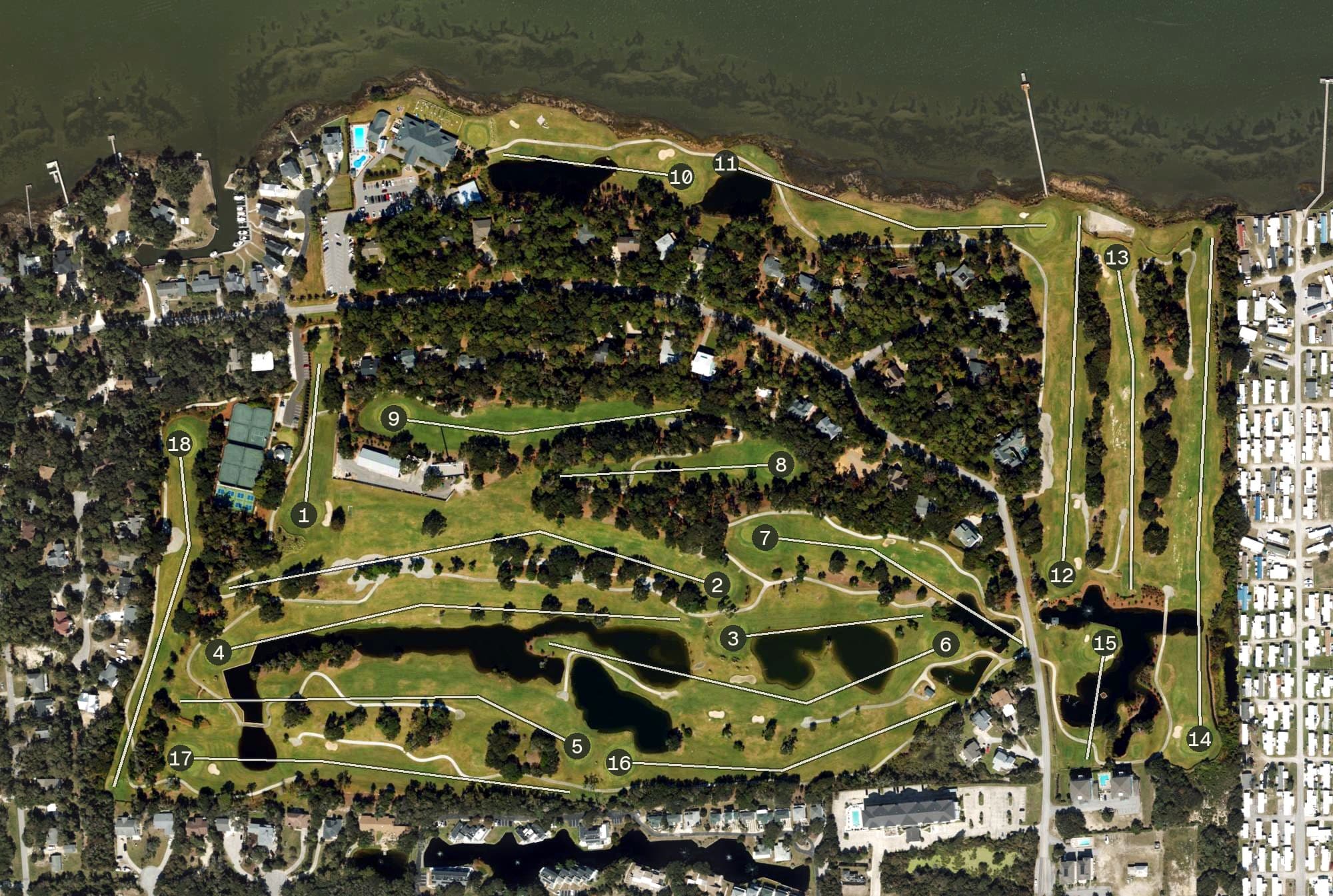 Aerial view of Crystal Coast Country Club, NC, with its hole routing marked