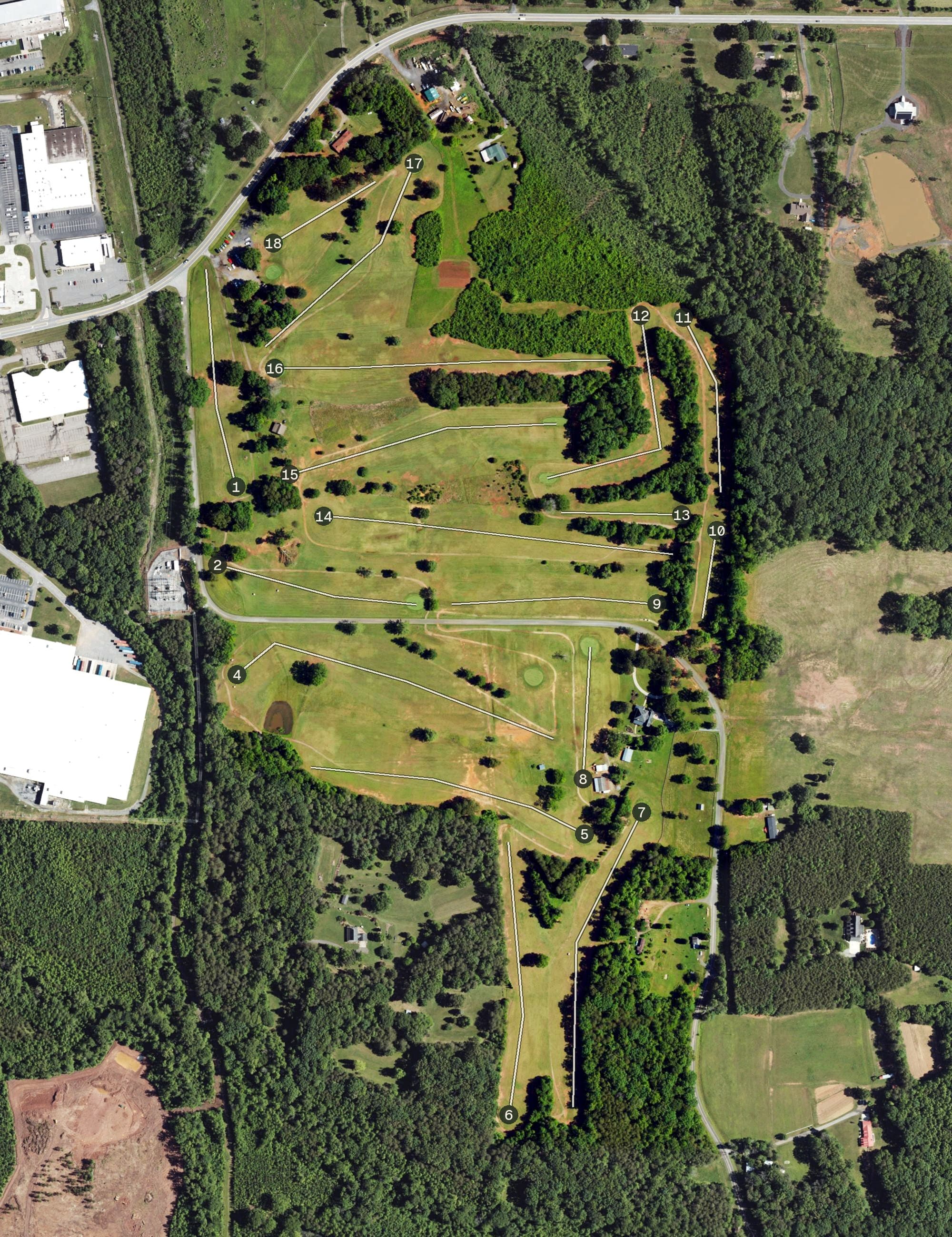 Aerial view of Dan Valley Golf Course, NC, with its hole routing marked