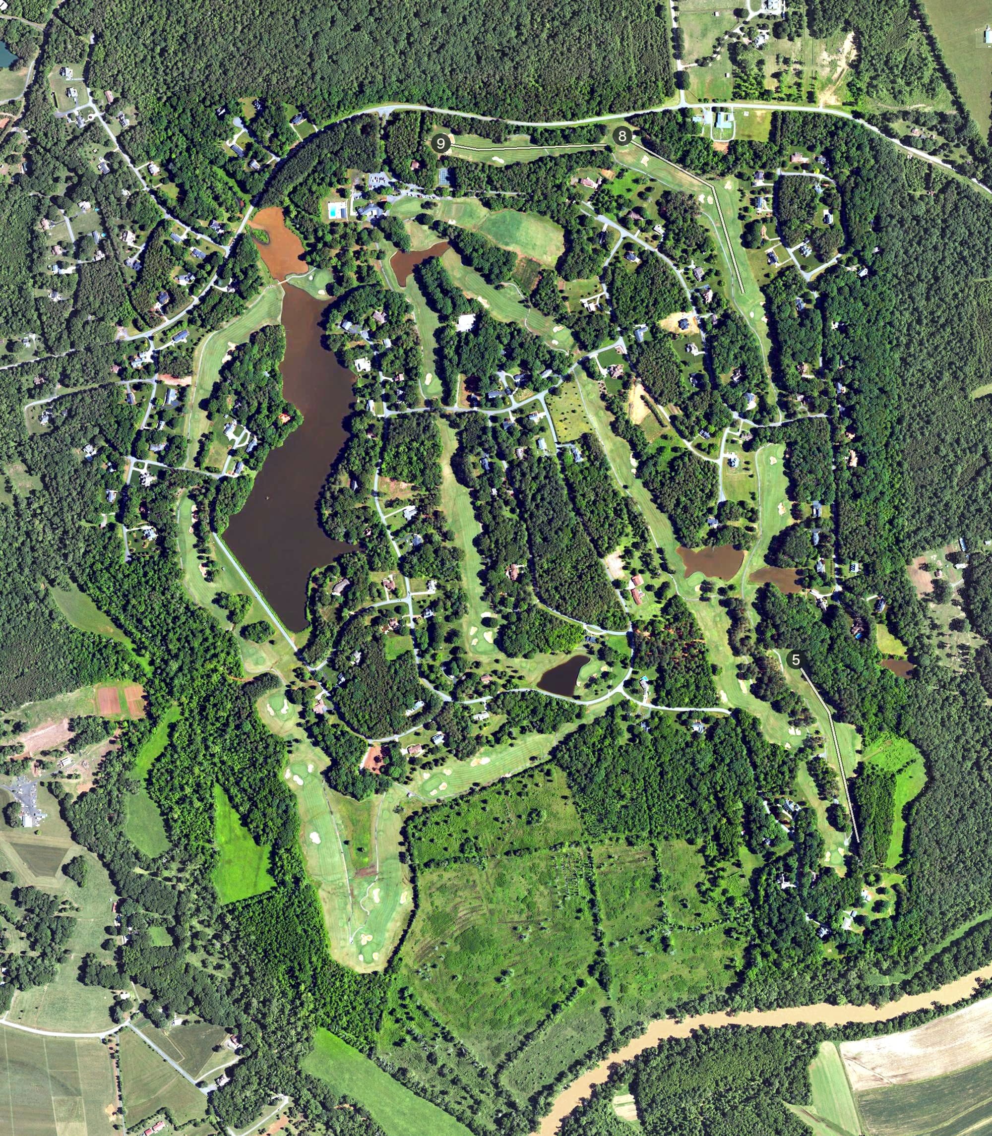 Aerial view of Deep Springs Golf Club, NC, with its hole routing marked