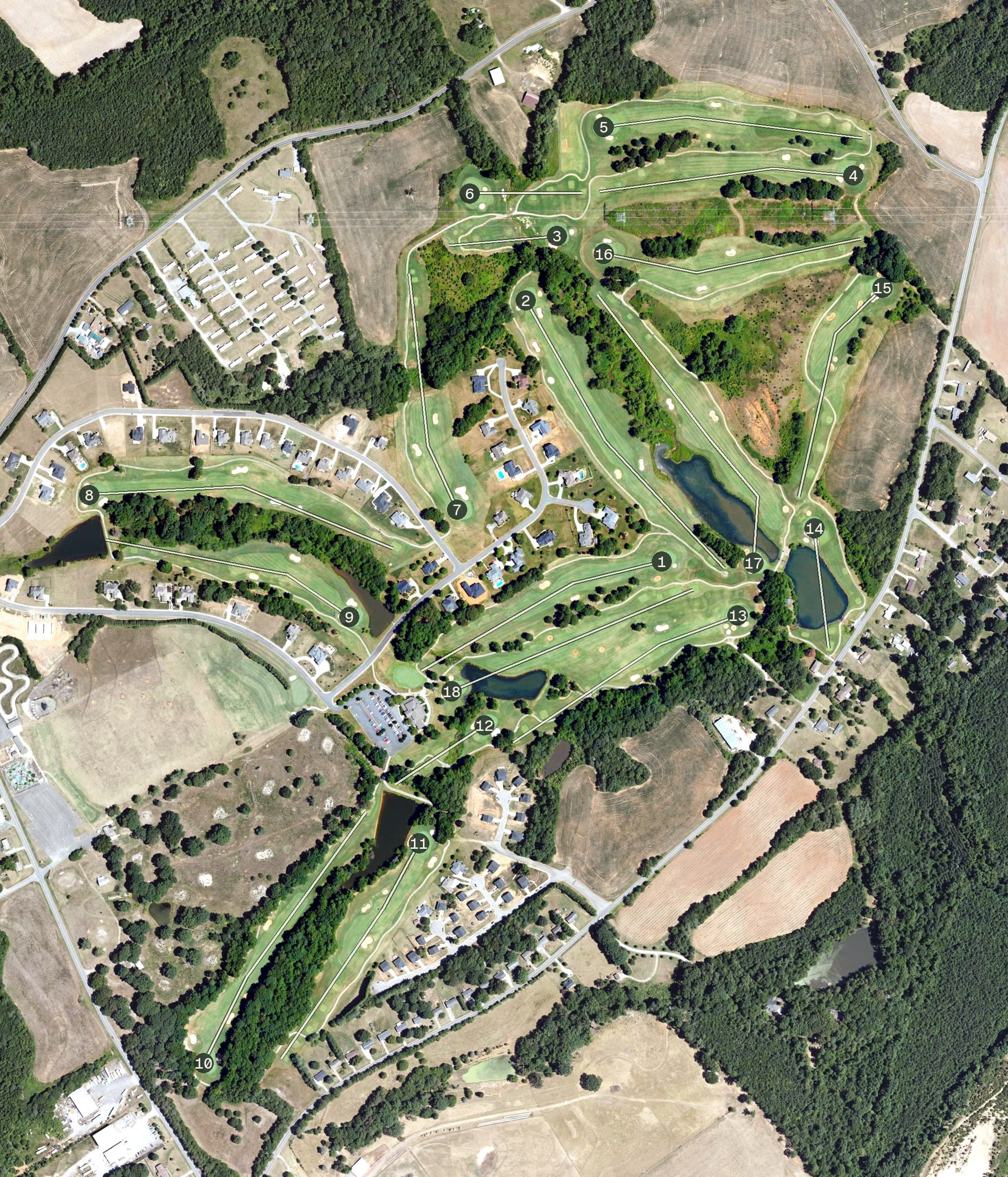 Aerial view of Deer Brook Golf Club, NC, with its hole routing marked