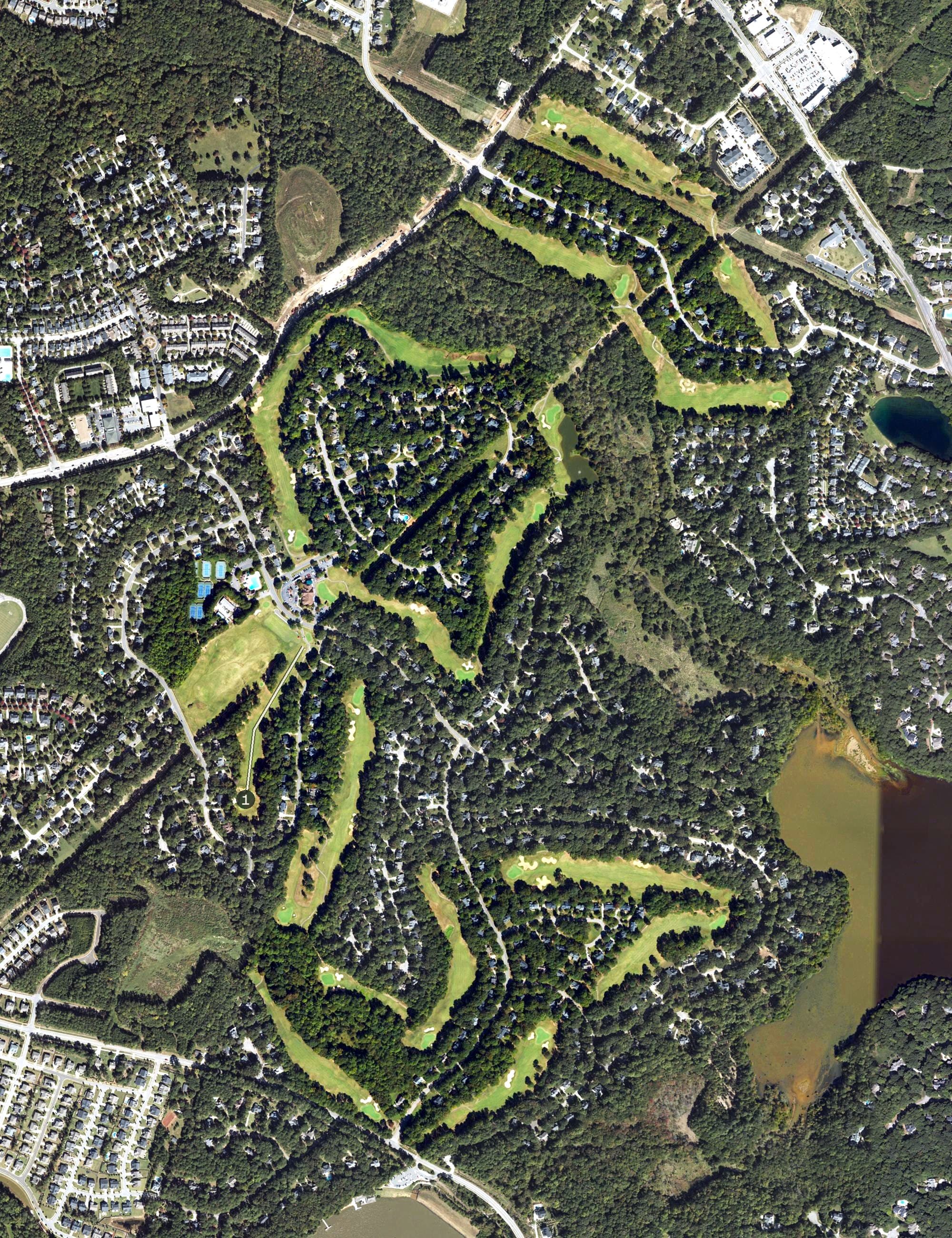 Aerial view of Devils Ridge Golf Club, NC, with its hole routing marked