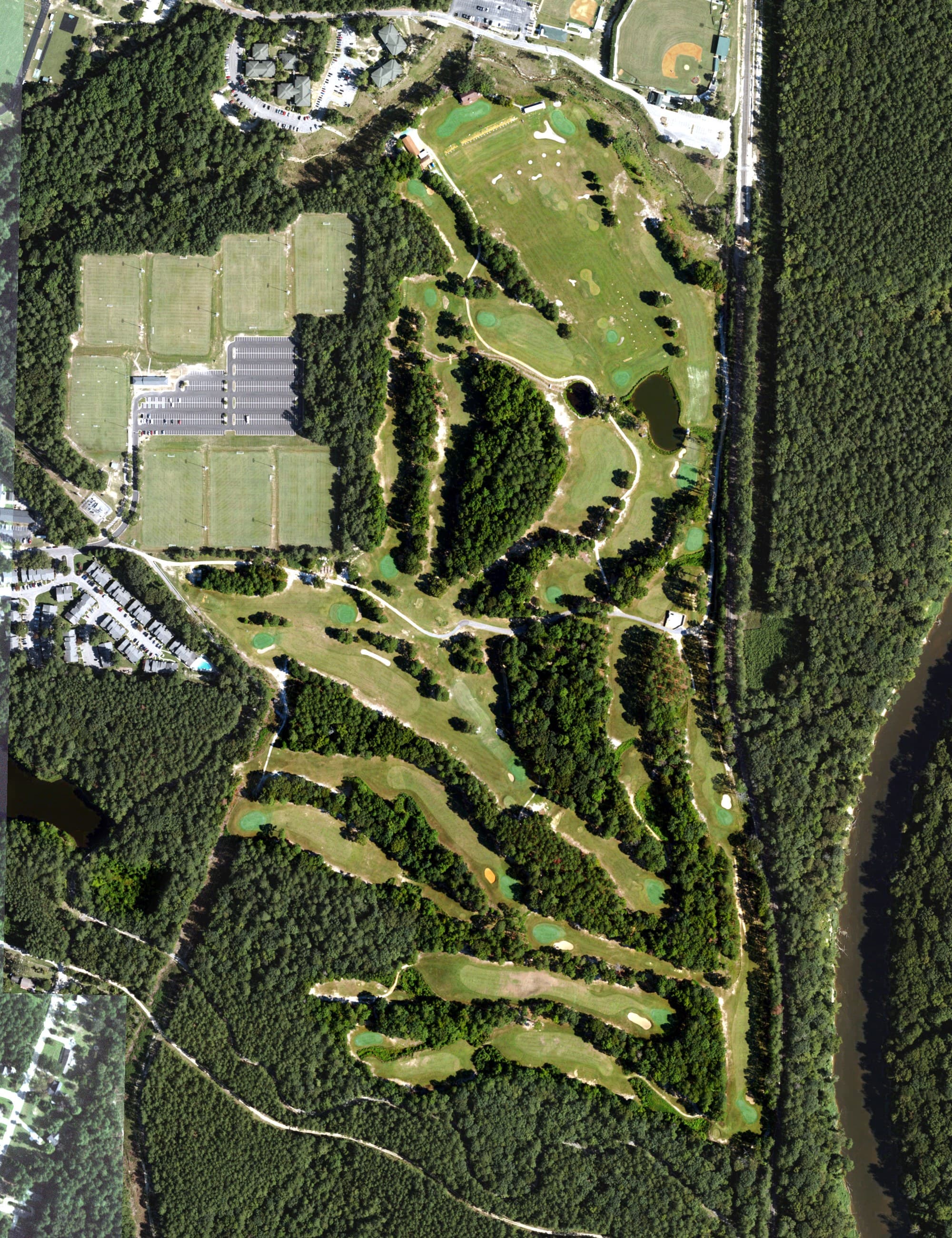 Aerial view of Downback, NC, with its hole routing marked