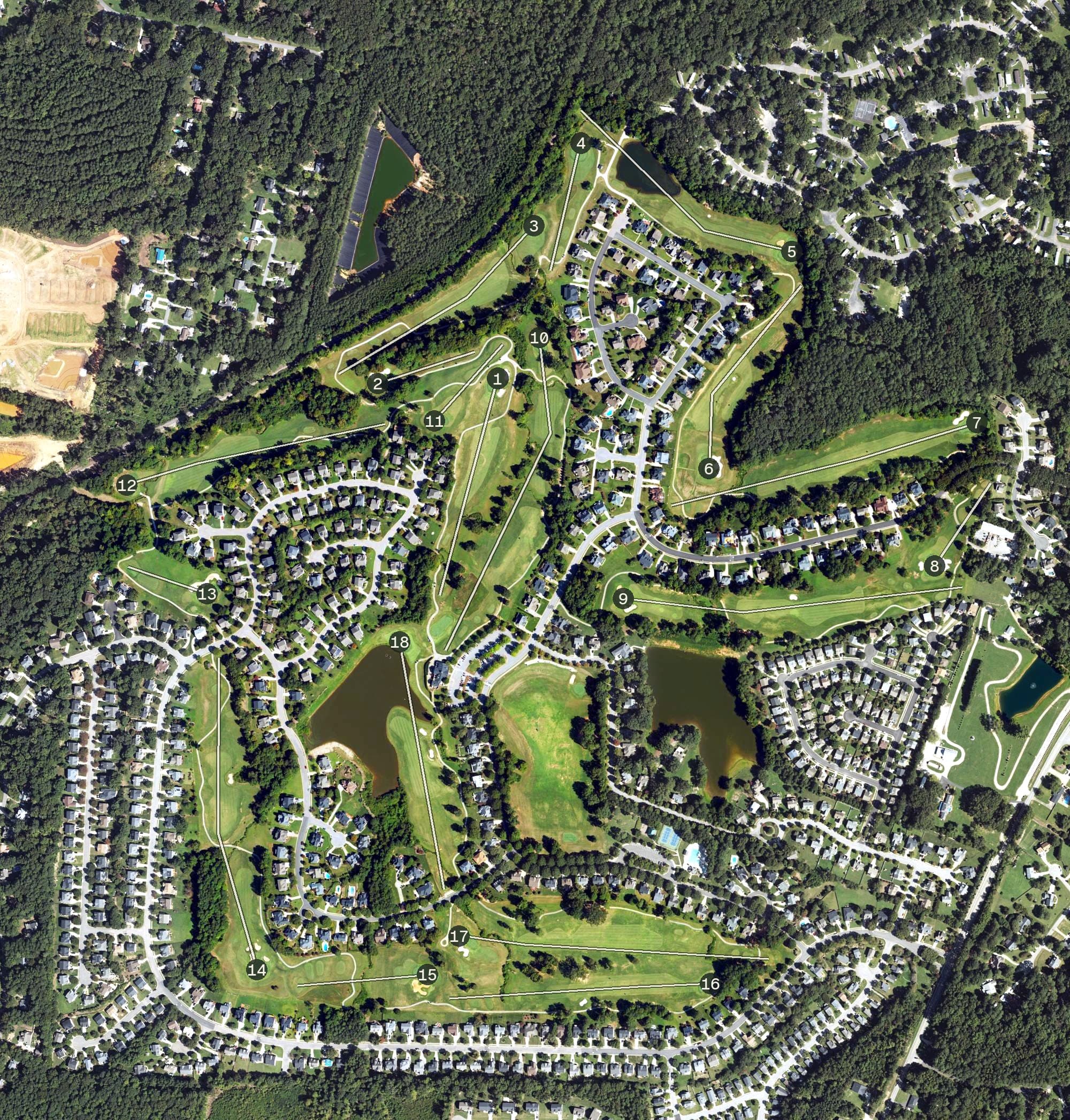 Aerial view of Eagle Ridge Golf Club, NC, with its hole routing marked