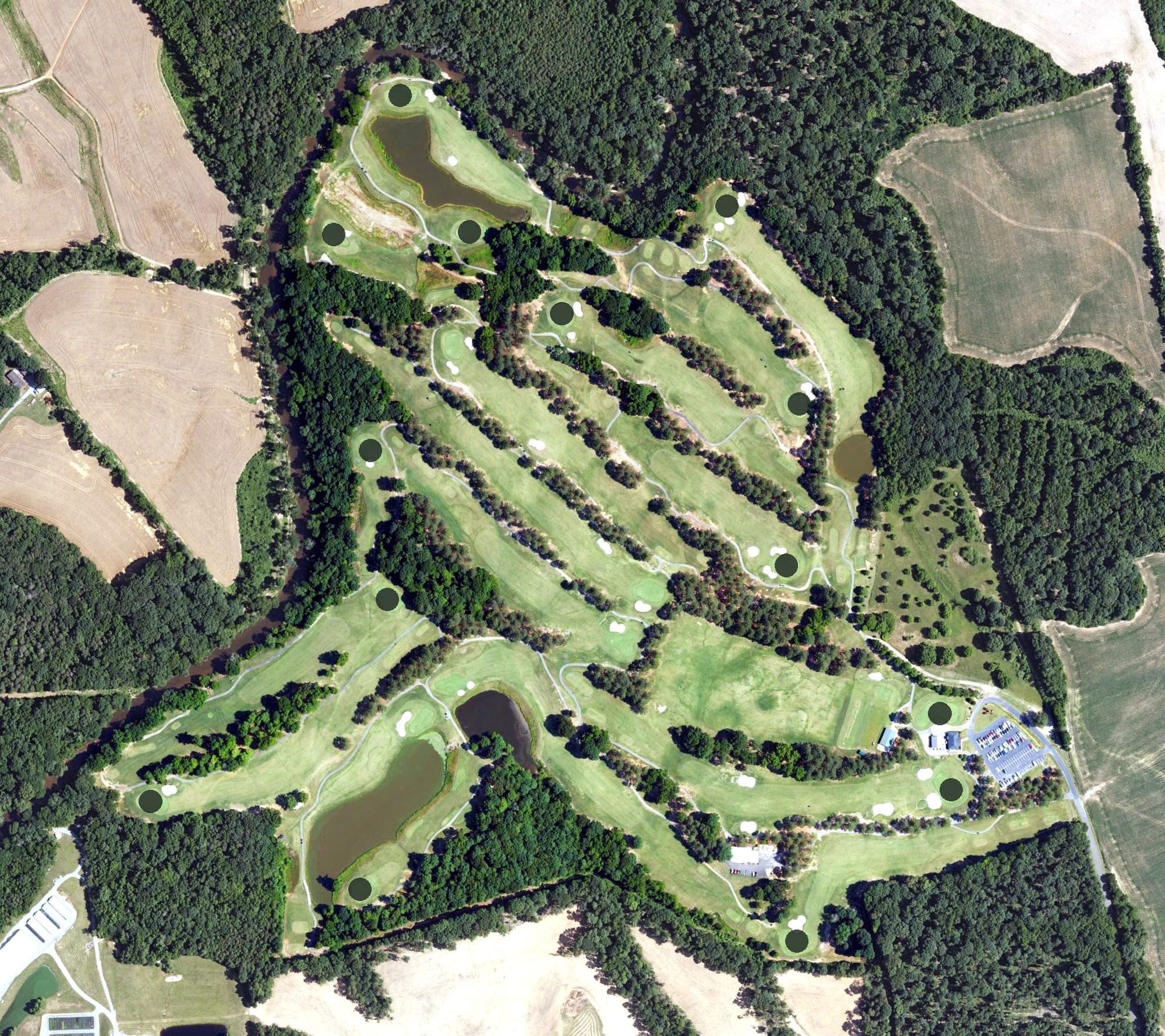 Aerial view of Eagles Chase Golf Club, NC, with its hole routing marked
