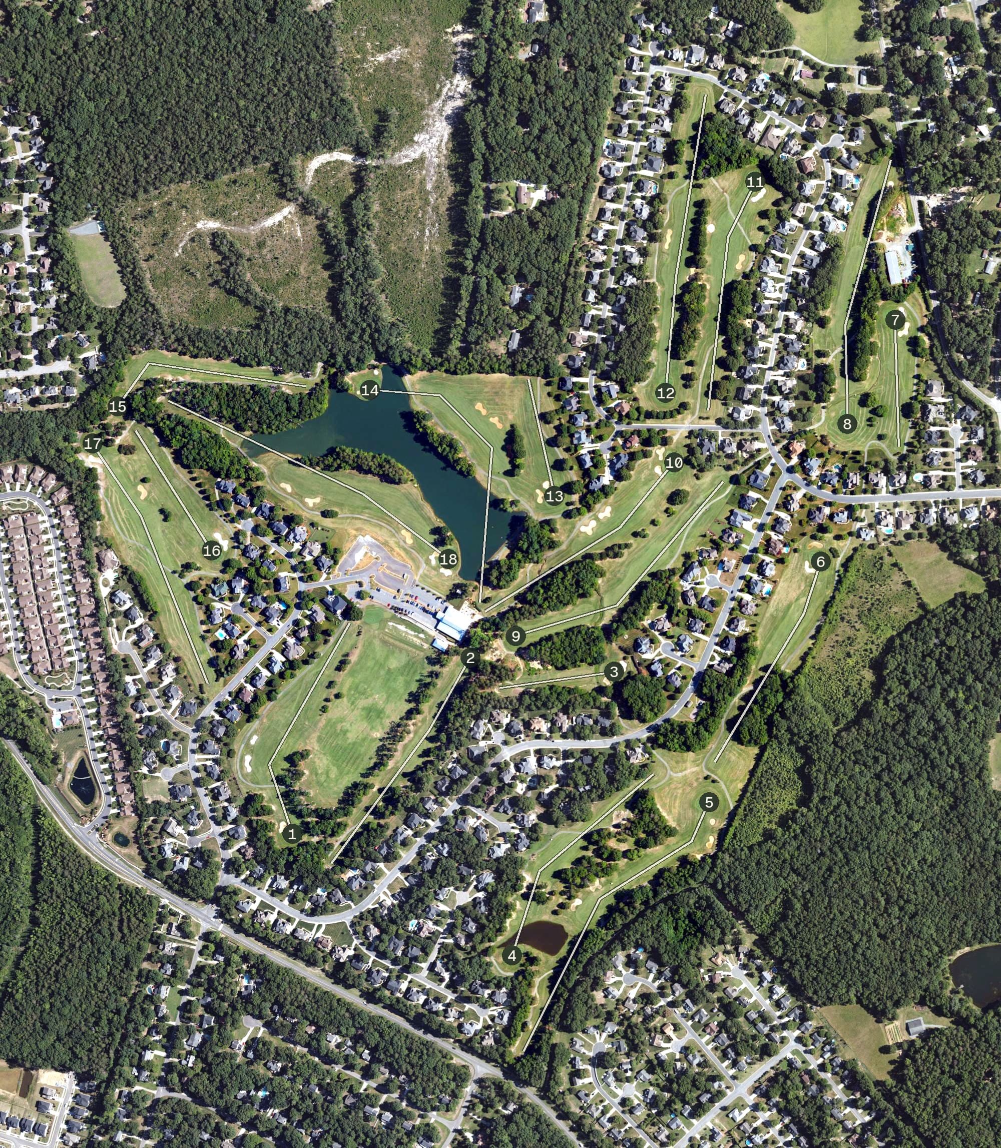 Aerial view of Emerald Lake Golf Club, NC, with its hole routing marked
