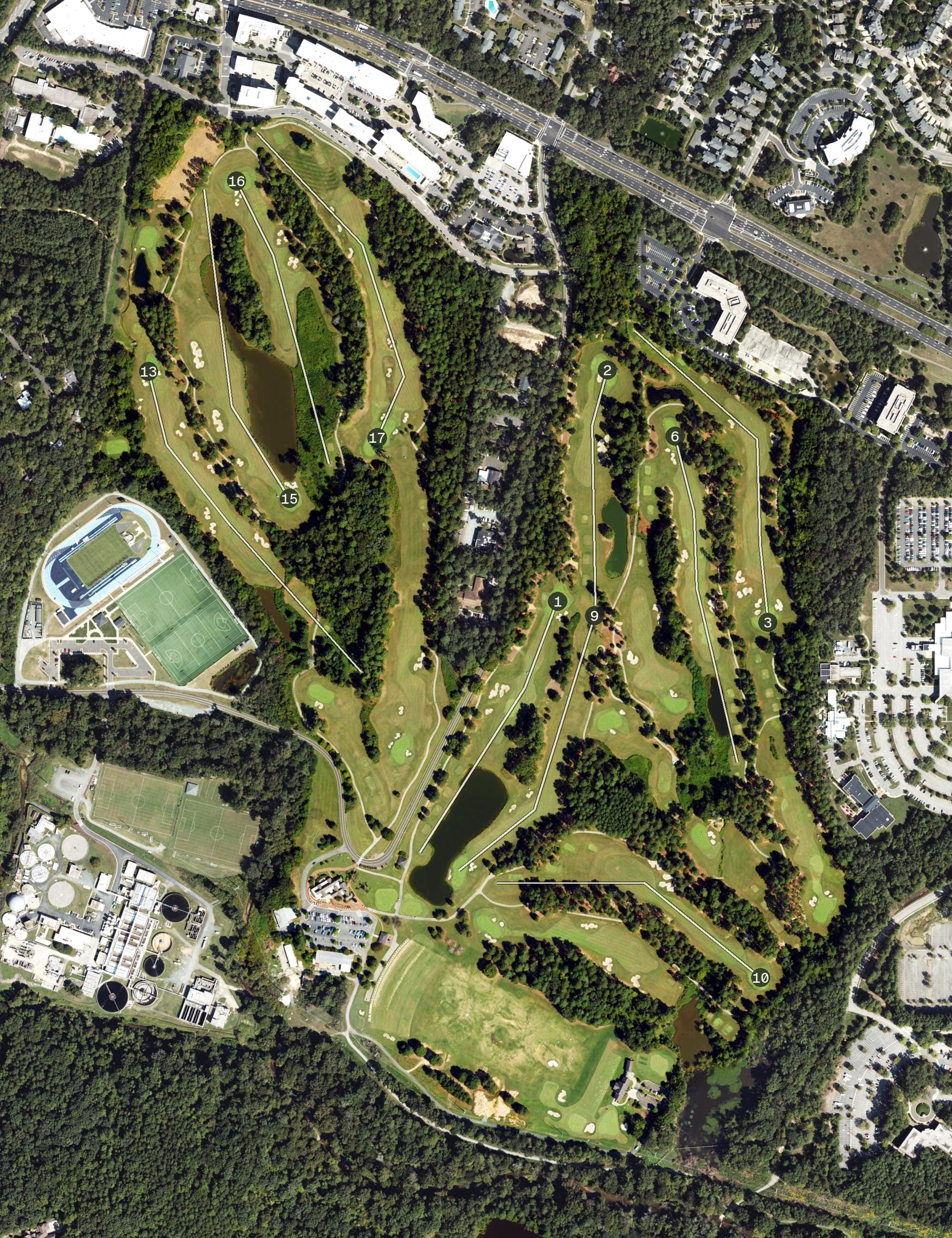 Aerial view of Finley Golf Course, NC, with its hole routing marked