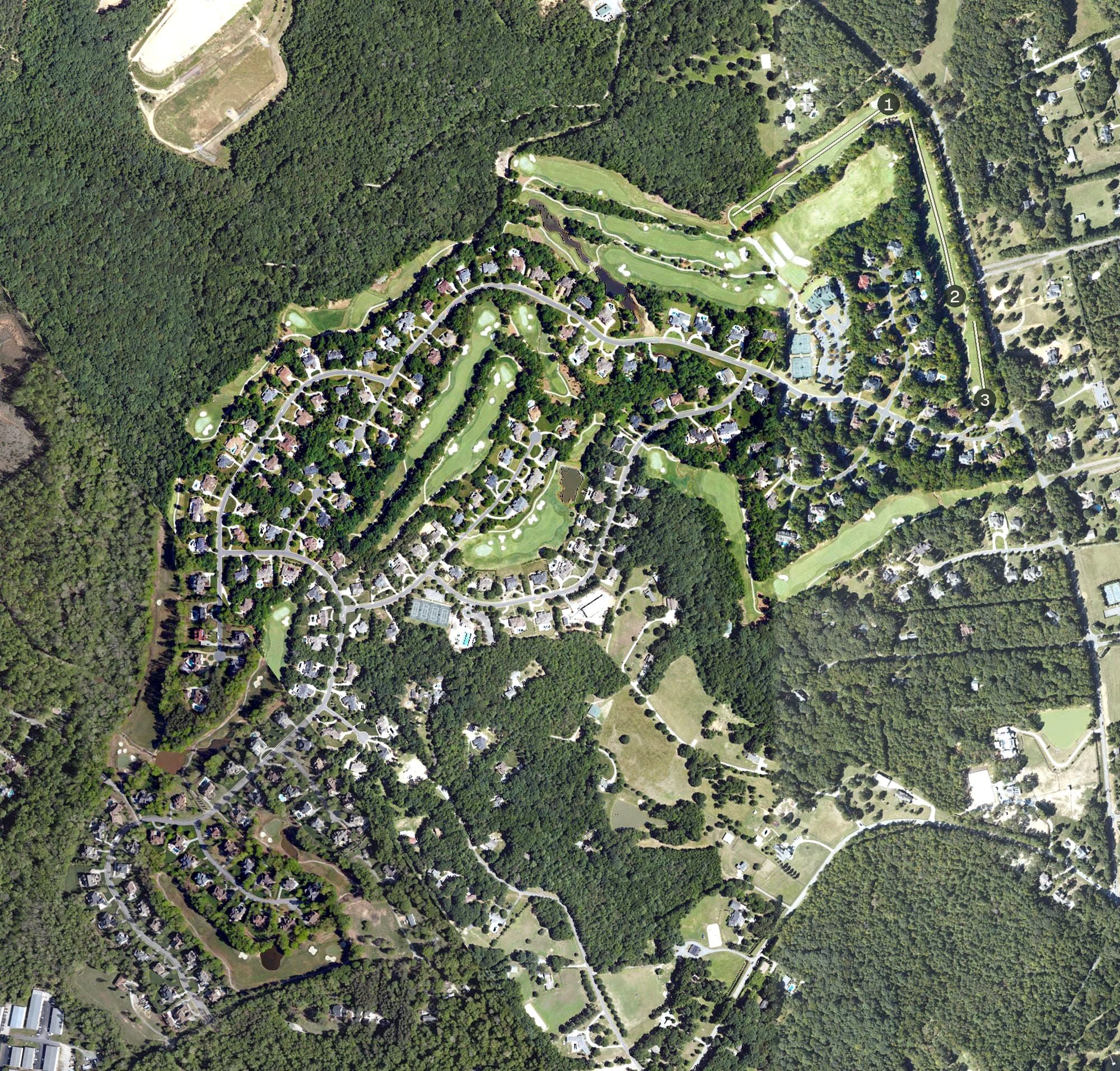 Aerial view of Firethorne Country Club, NC, with its hole routing marked