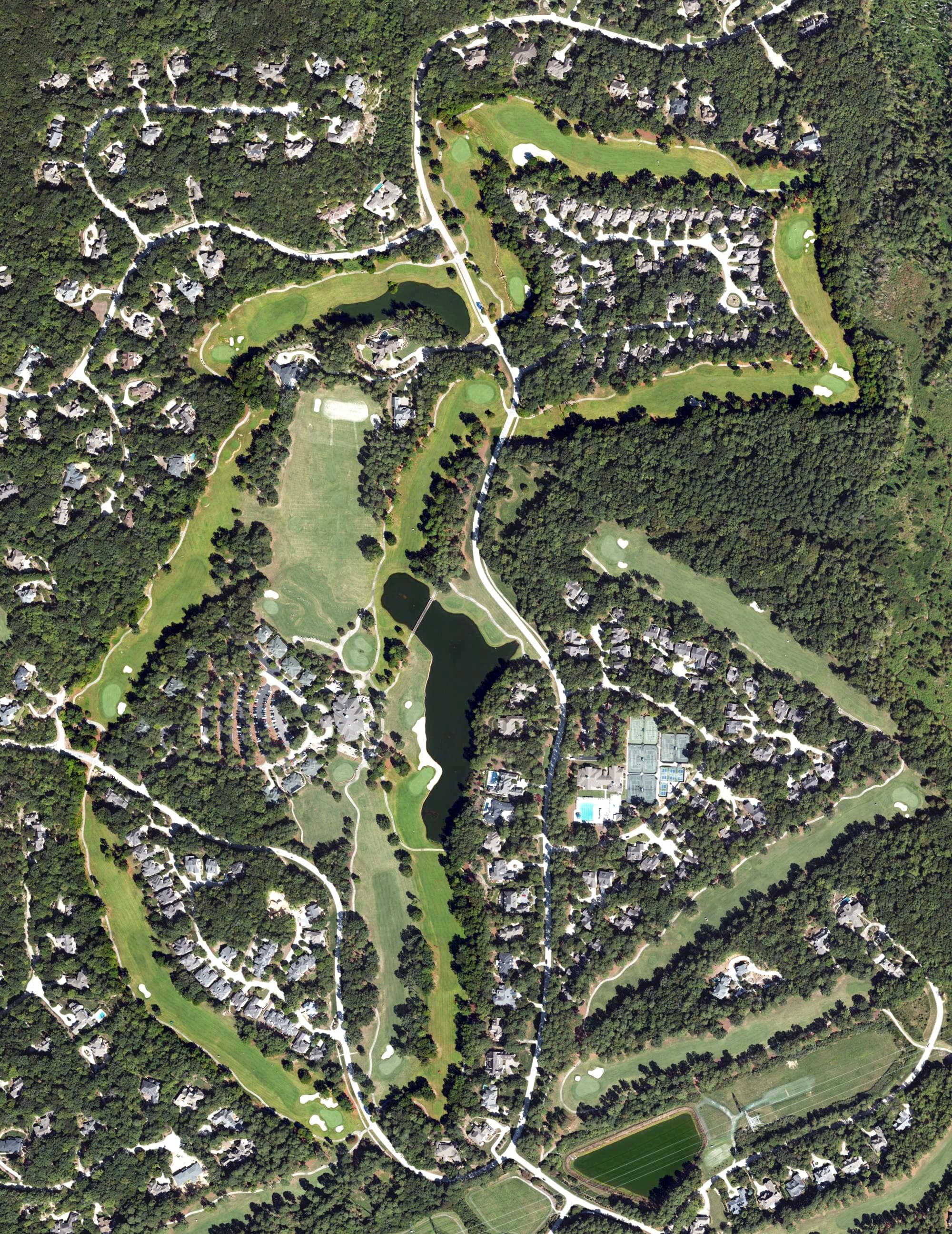 Aerial view of Foothills Course, NC, with its hole routing marked