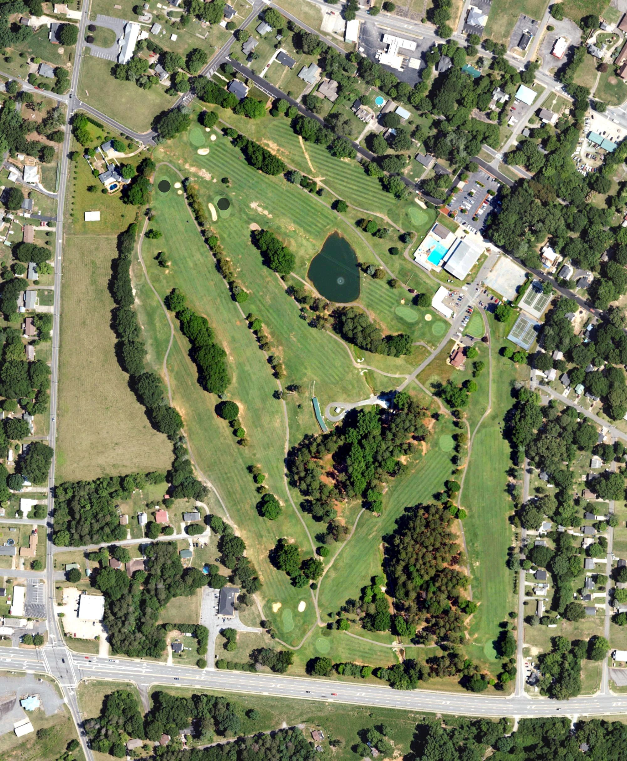 Aerial view of Forest City Municipal Golf Course, NC, with its hole routing marked