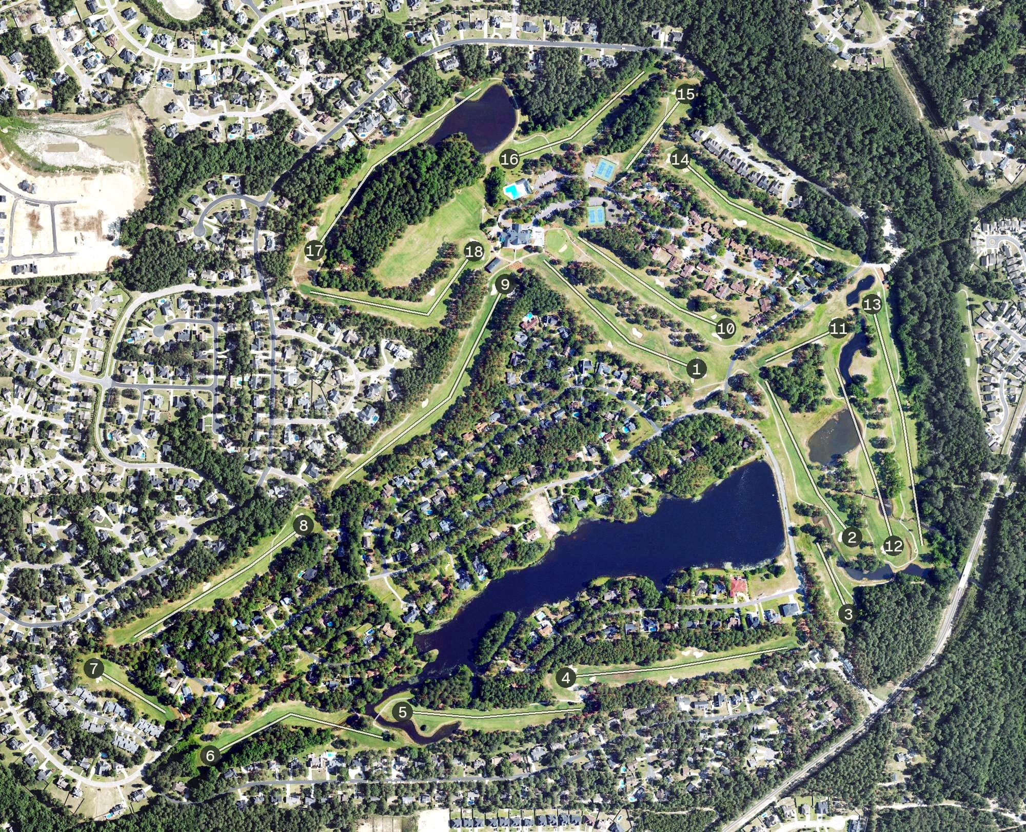 Aerial view of Gates Four Golf & Country Club, NC, with its hole routing marked