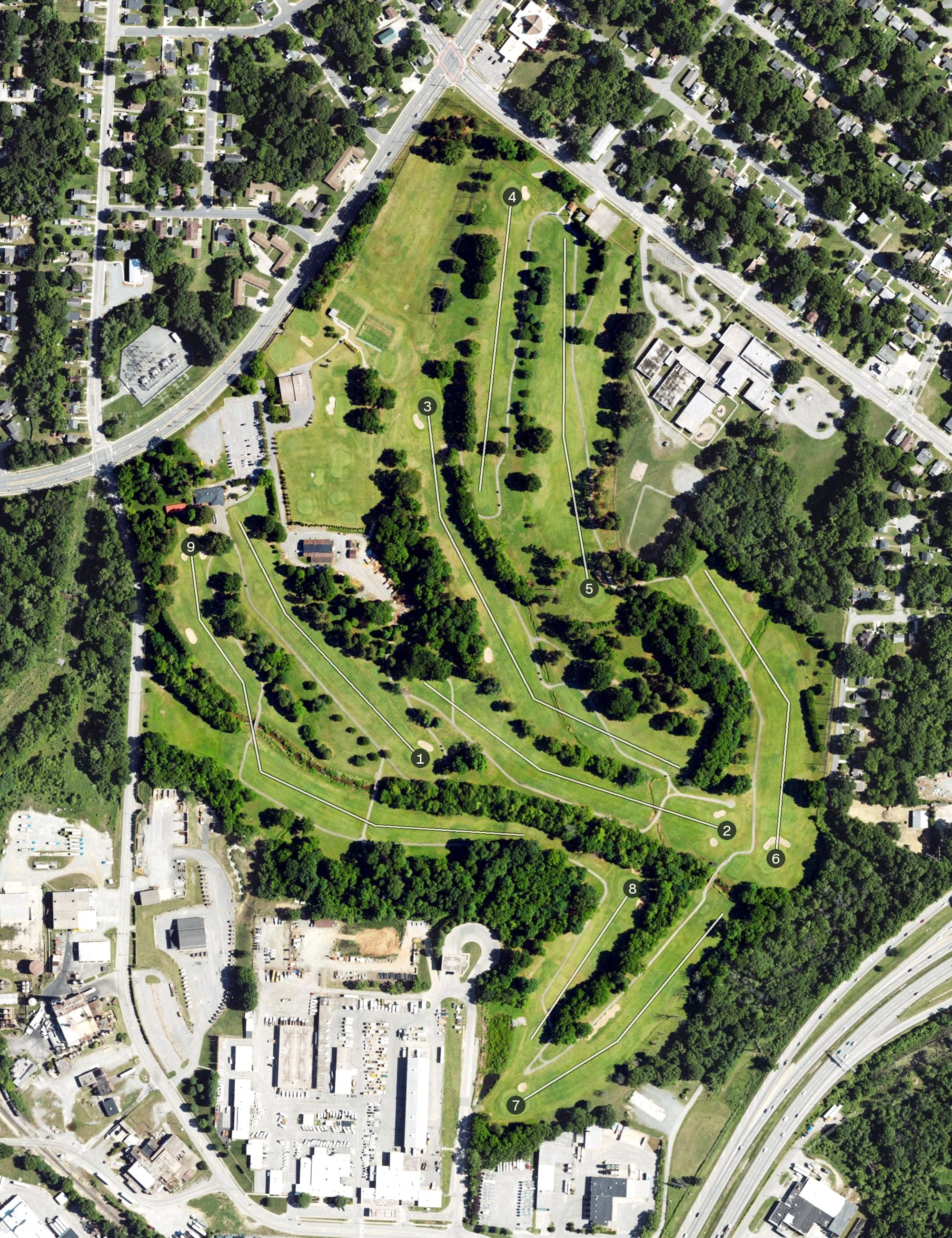 Aerial view of Gillespie Golf Course, NC, with its hole routing marked