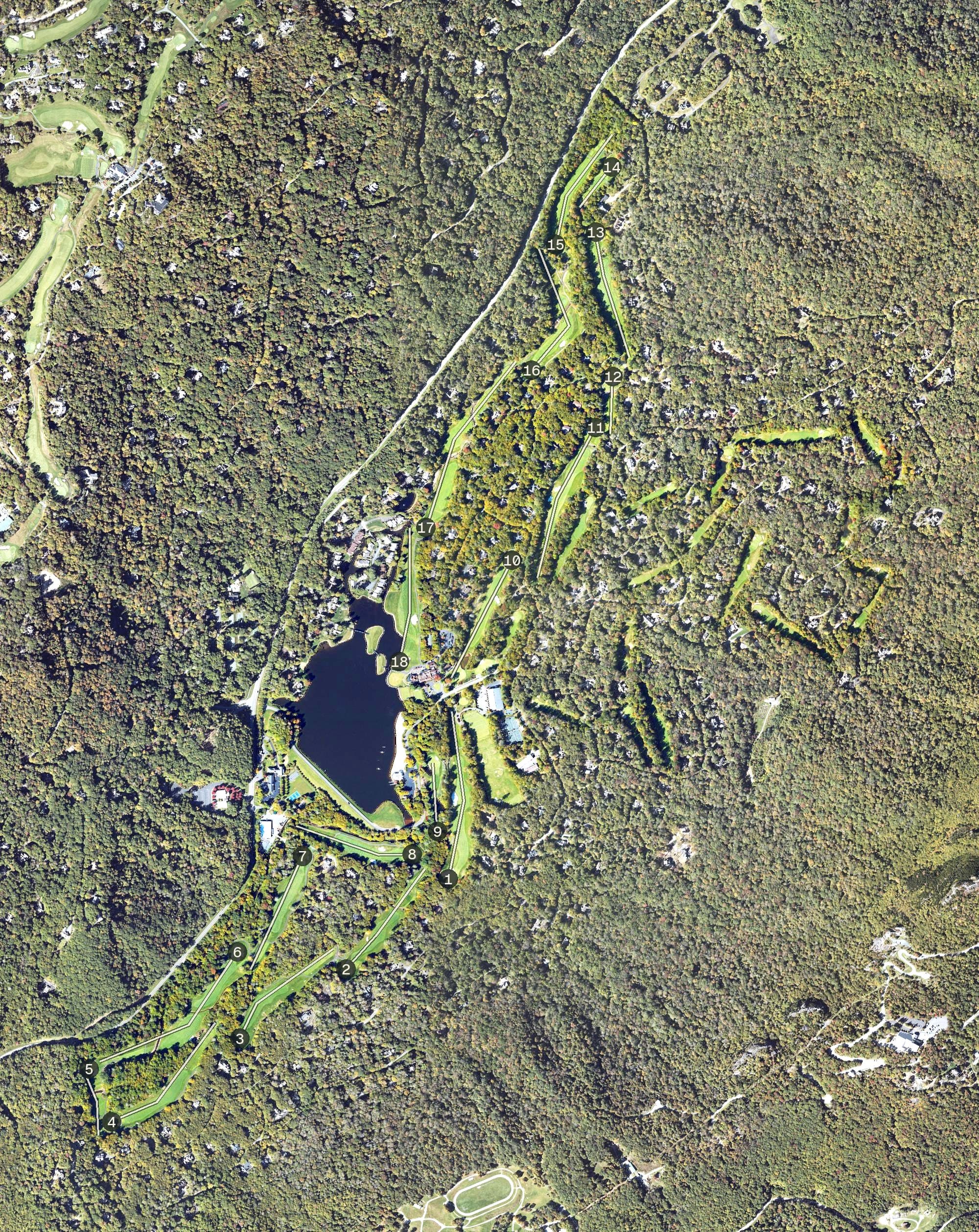 Aerial view of Grandfather Golf & Country Club, NC, with its hole routing marked