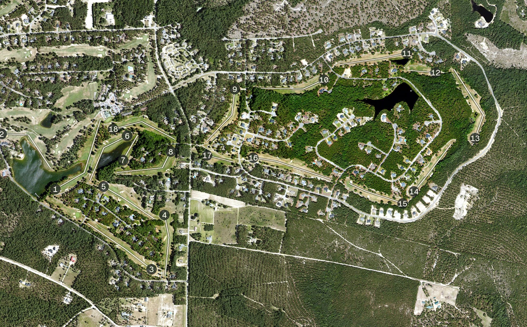 Aerial view of Grey Fox, NC, with its hole routing marked