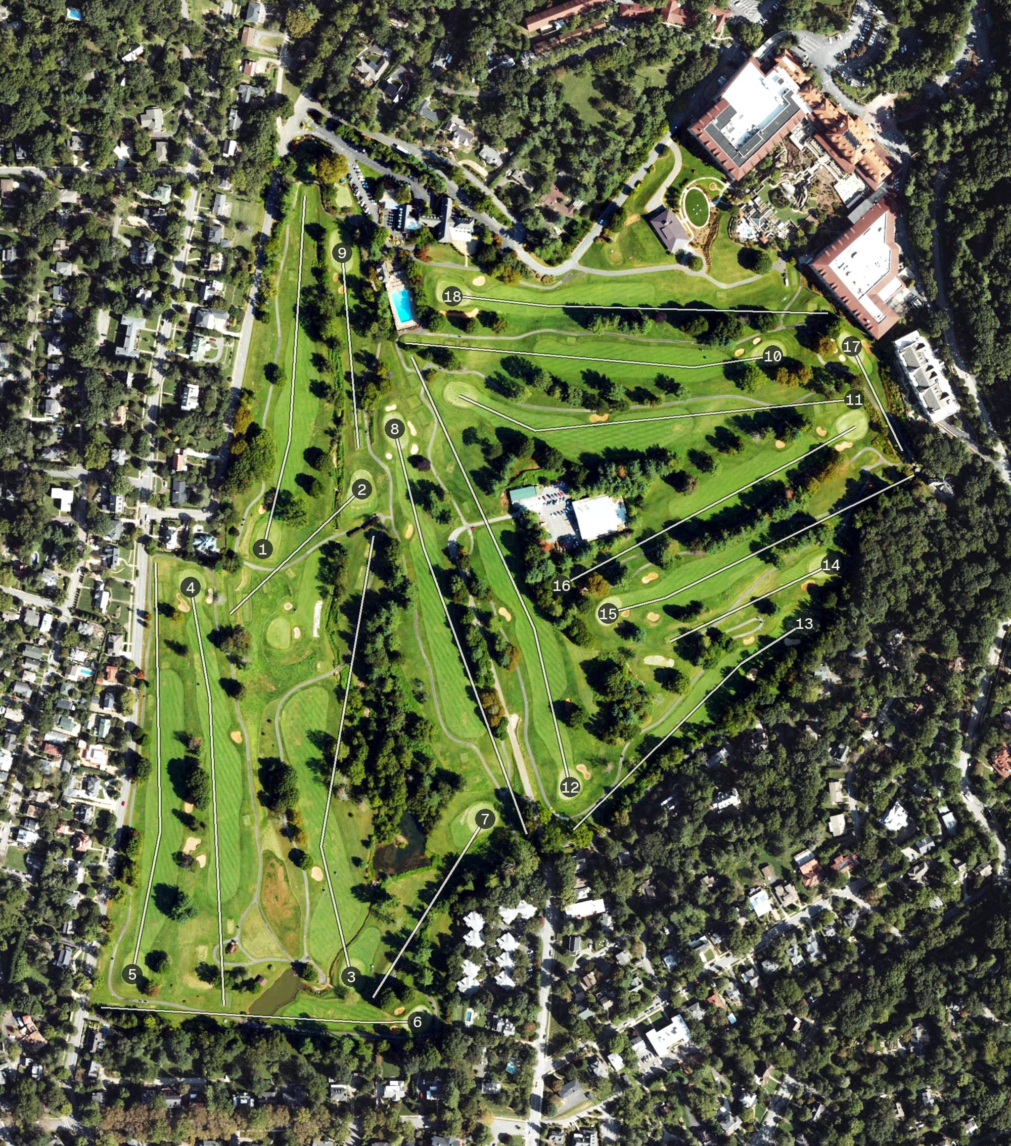 Aerial view of Grove Park Country Club, NC, with its hole routing marked