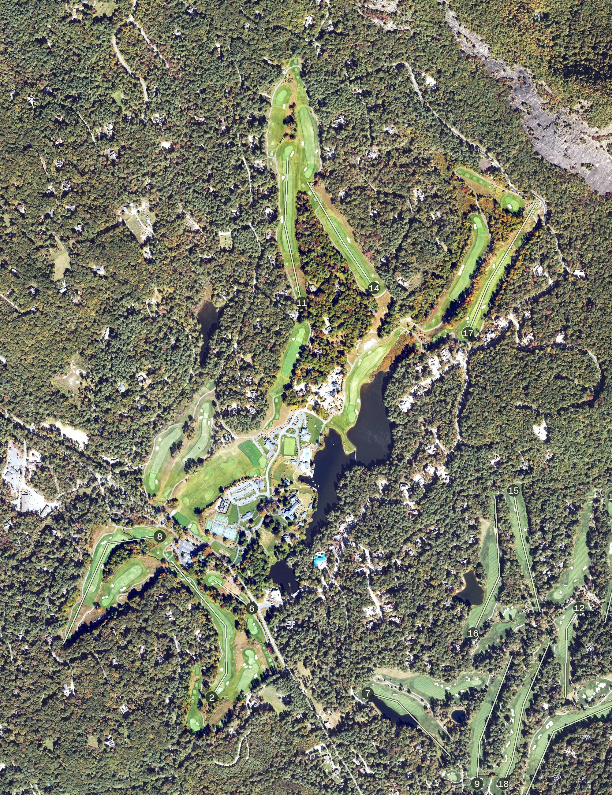 Aerial view of High Hampton Golf Club, NC, with its hole routing marked